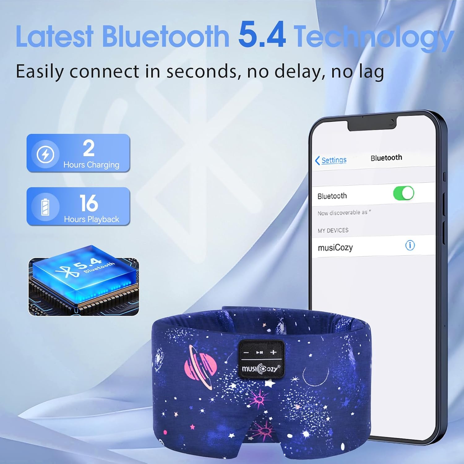 Detalle de Schlafmaske mit Bluetooth-Kopfhörern von Musicozy – 100% Verdunkelung, Seide & 360° Klang