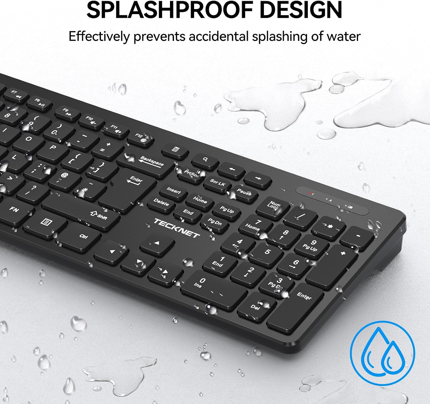 Detalle de TECKNET Wireless Keyboard (2.4G USB + Bluetooth) UK Layout, Full Size Ergonomic Keyboard with 105 Days Standby, Black