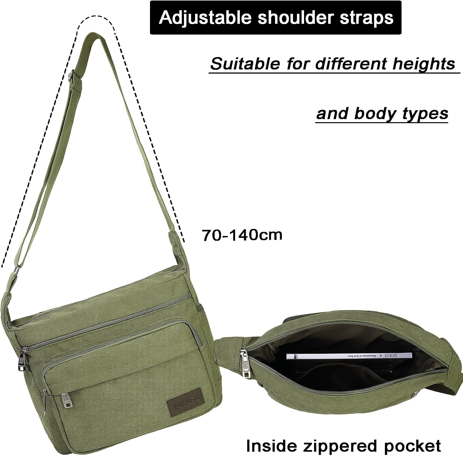 Thumbnail 6 de JAKAGO Canvas Messenger Bag 15 inch – Waterproof shoulder bag with multiple pockets for school, travel & daily carry