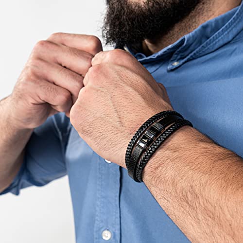 Detalle de SERASAR Bracelet Cuir Homme – Bracelet en cuir véritable noir et argenté, longueur 20 cm, réglable