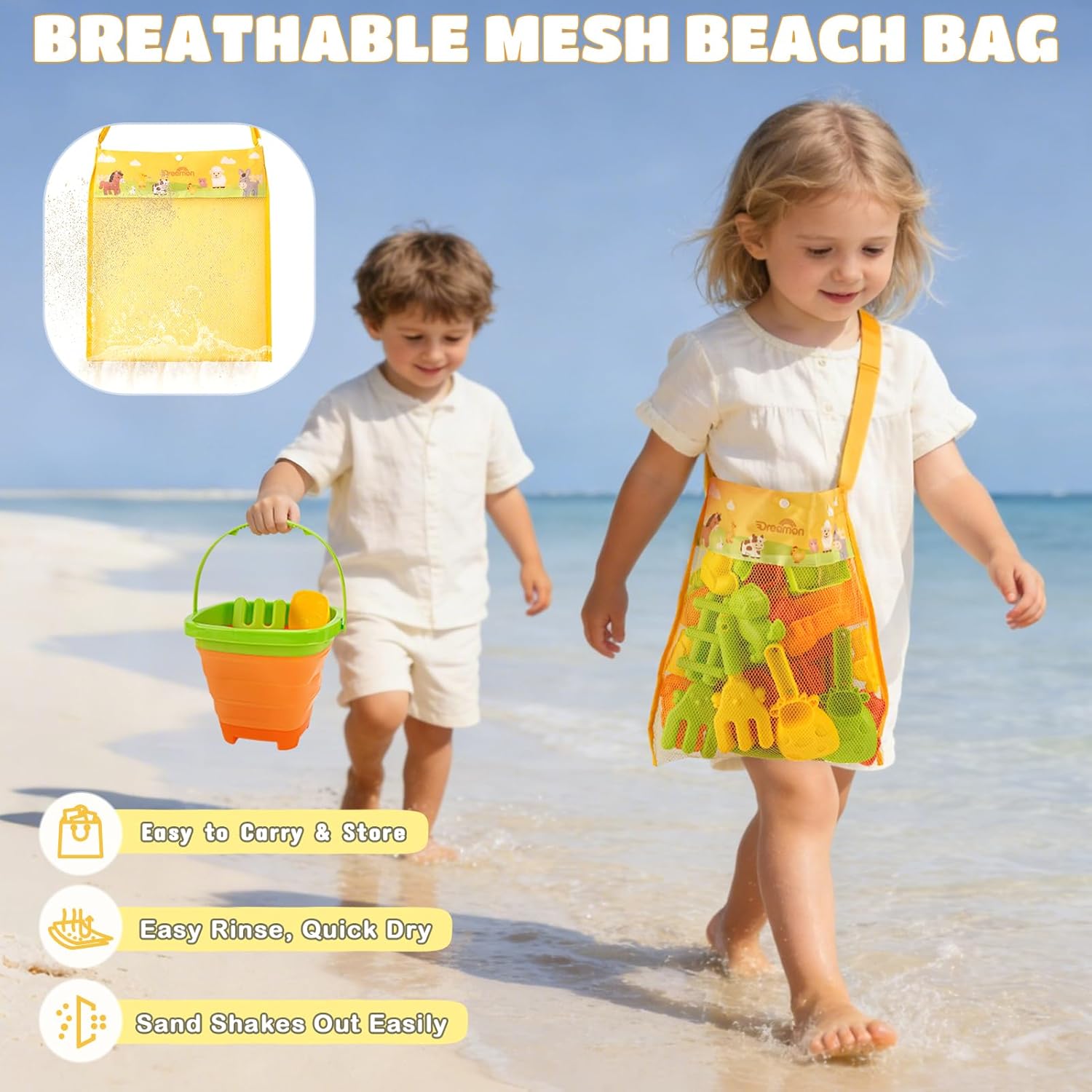 Thumbnail 5 de Giochi da Spiaggia Bambini 29 PCS Tema Fattoria – Set Sabbia con Secchielli Pieghevoli, Stampini Animali e Castello