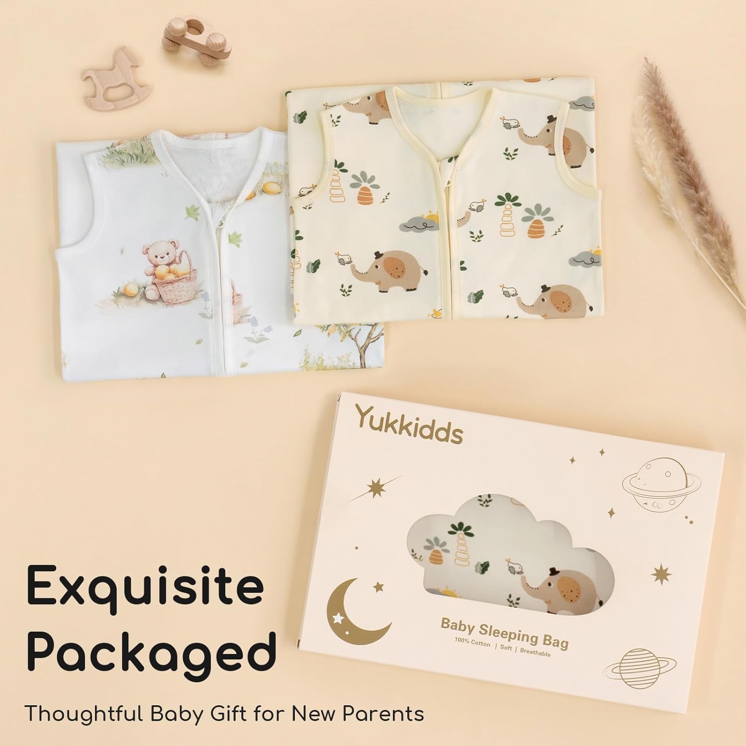 Thumbnail 6 de Yukkidds Baby Sleeping Bag 0.5 Tog – 100% Cotton, Lightweight Breathing Sleep Sack (2 Pack, Beige Elephant)