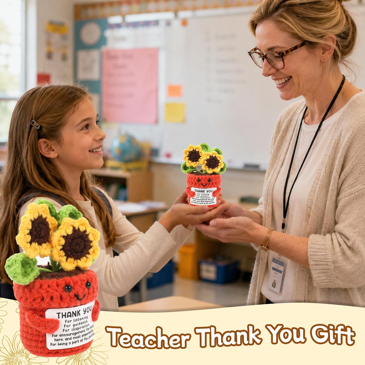 Thumbnail 1 de Vspek Positive Crochet Sunflower Doll & Thank You Keyring — Handmade Gift for Teachers, Friends and Colleagues
