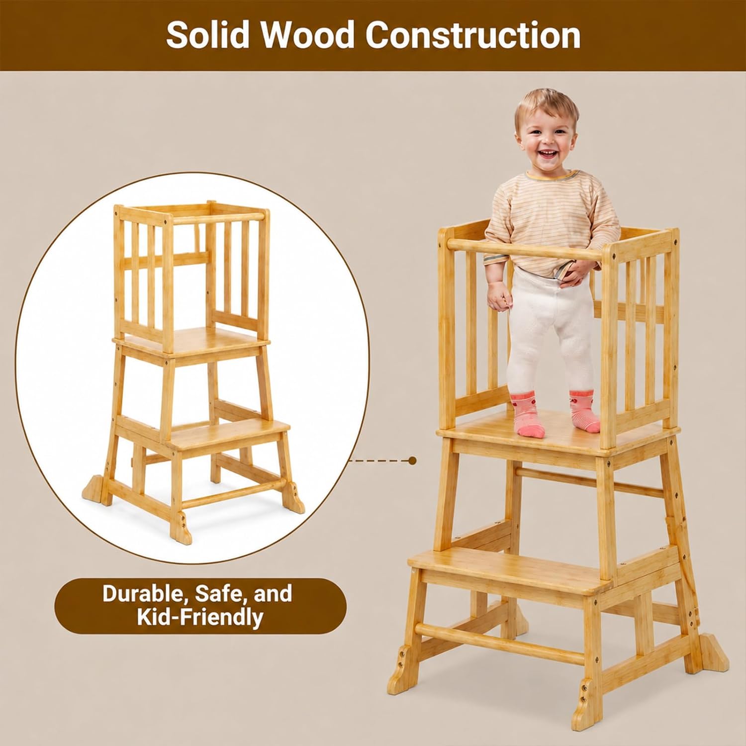 Thumbnail 5 de Cosyland Toddler Kitchen Standing Tower (Natural) – A practical learning helper for 1.5–3 year olds