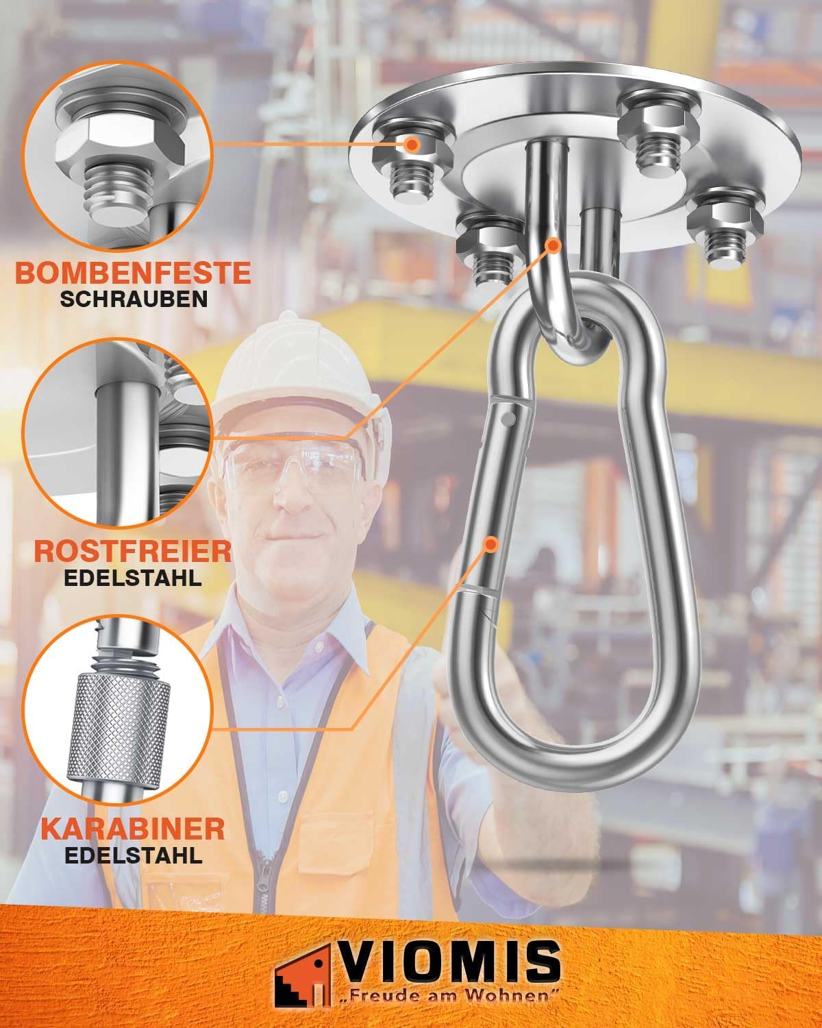 Thumbnail 2 de Viomis Deckenhaken für Hängesessel (bis 400 kg) – 360° Drehung, Edelstahl-Komplettset mit 30 cm Kette & 3 Karabinern