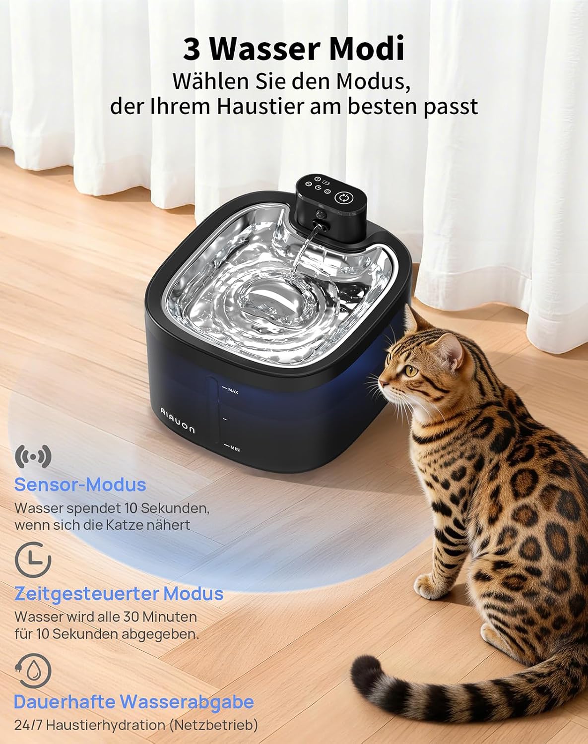 Detalle de Katzenbrunnen kabellos 3,5 L – Drahtloser Trinkbrunnen mit Sensor, 3 Modi, Edelstahl-Schale, leise und batteriebetrieben (Schwarz + 2 Filter)