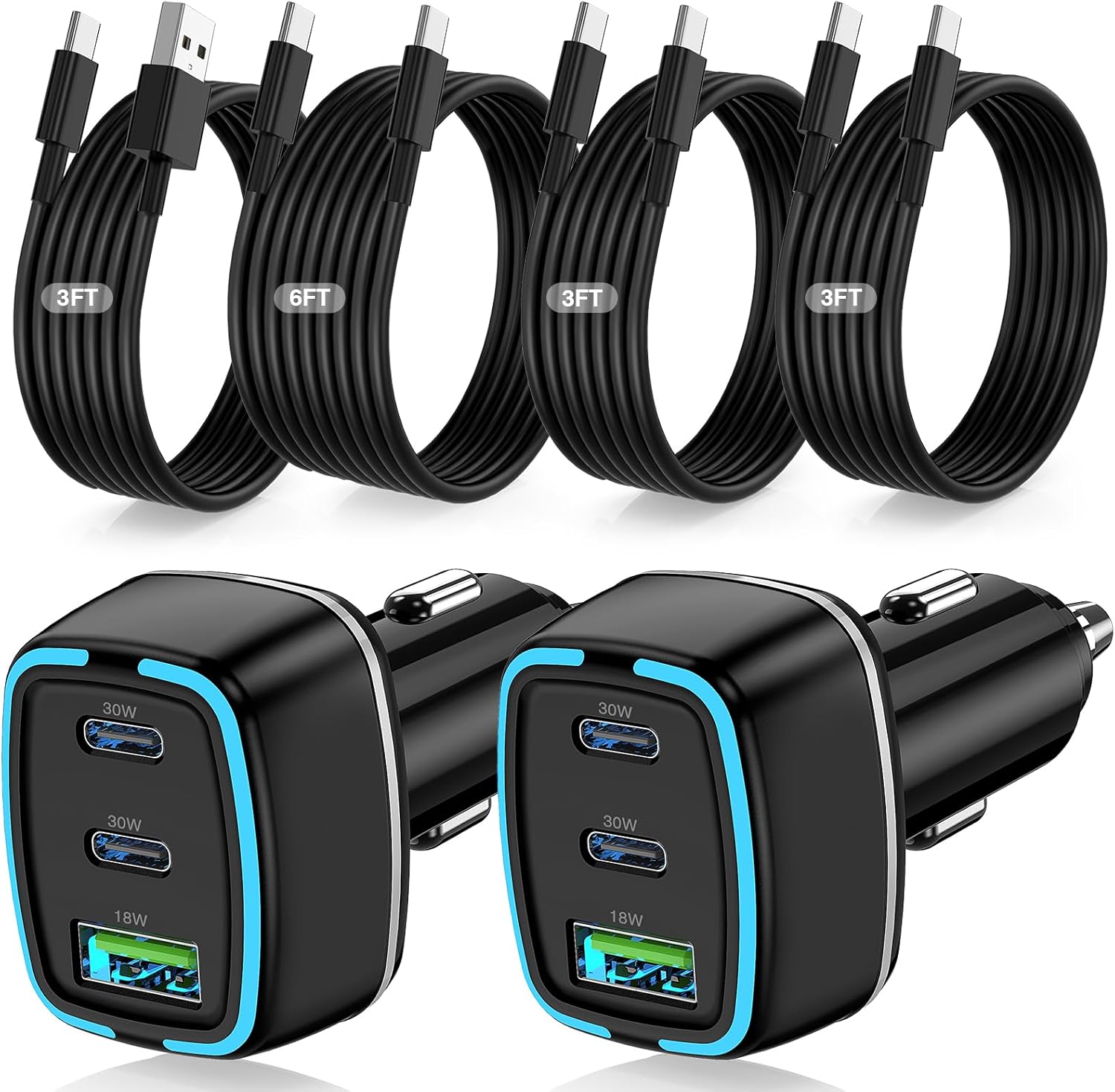 Detalle de QZVOO ZYH-C28 75W 3-Port USB-C Car Charger with Four Cables