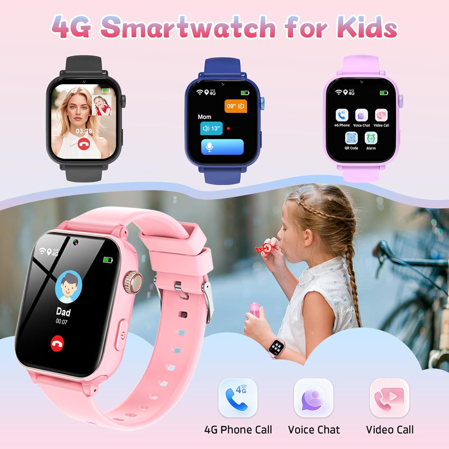 Detalle de PTHTECHUS Montre Connectée Enfant 4G Rose – GPS, Appels Vidéo et Mode École