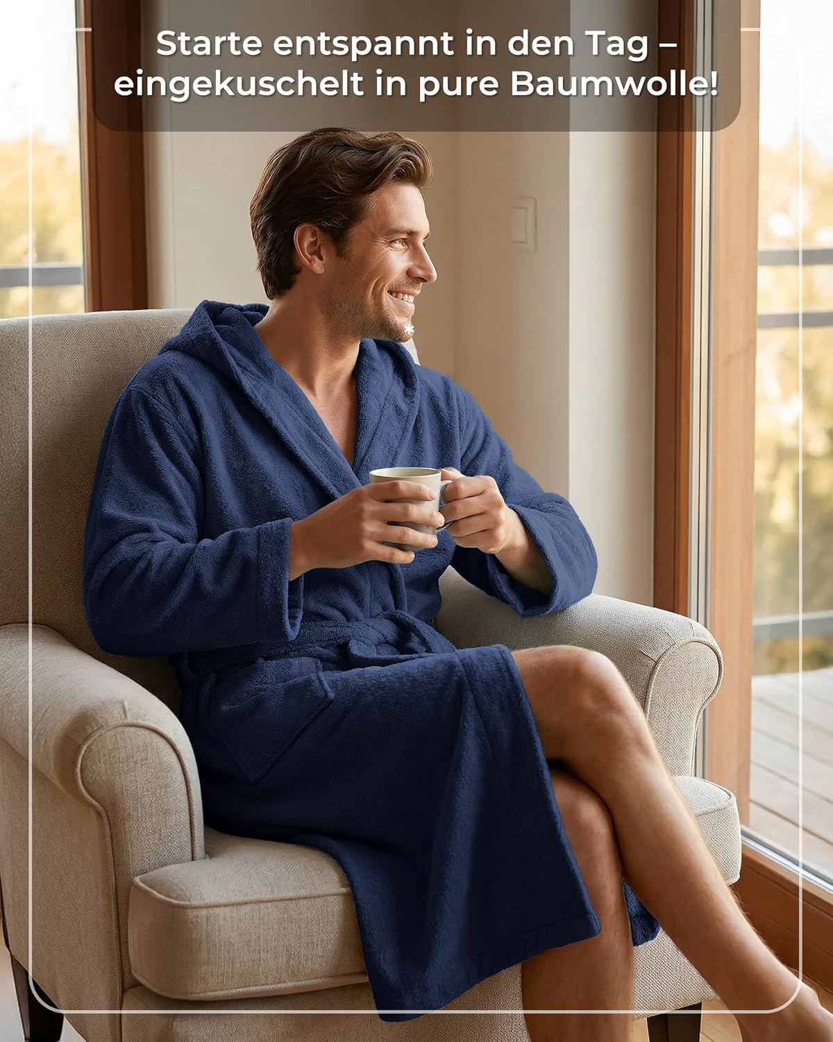 Detalle 2 de LAYNENBURG Bademantel Herren – Frottee 100% Baumwolle, wadenlang, Kapuze, 360 g/m², ÖKO-TEX, geeignet für Sauna & Zuhause