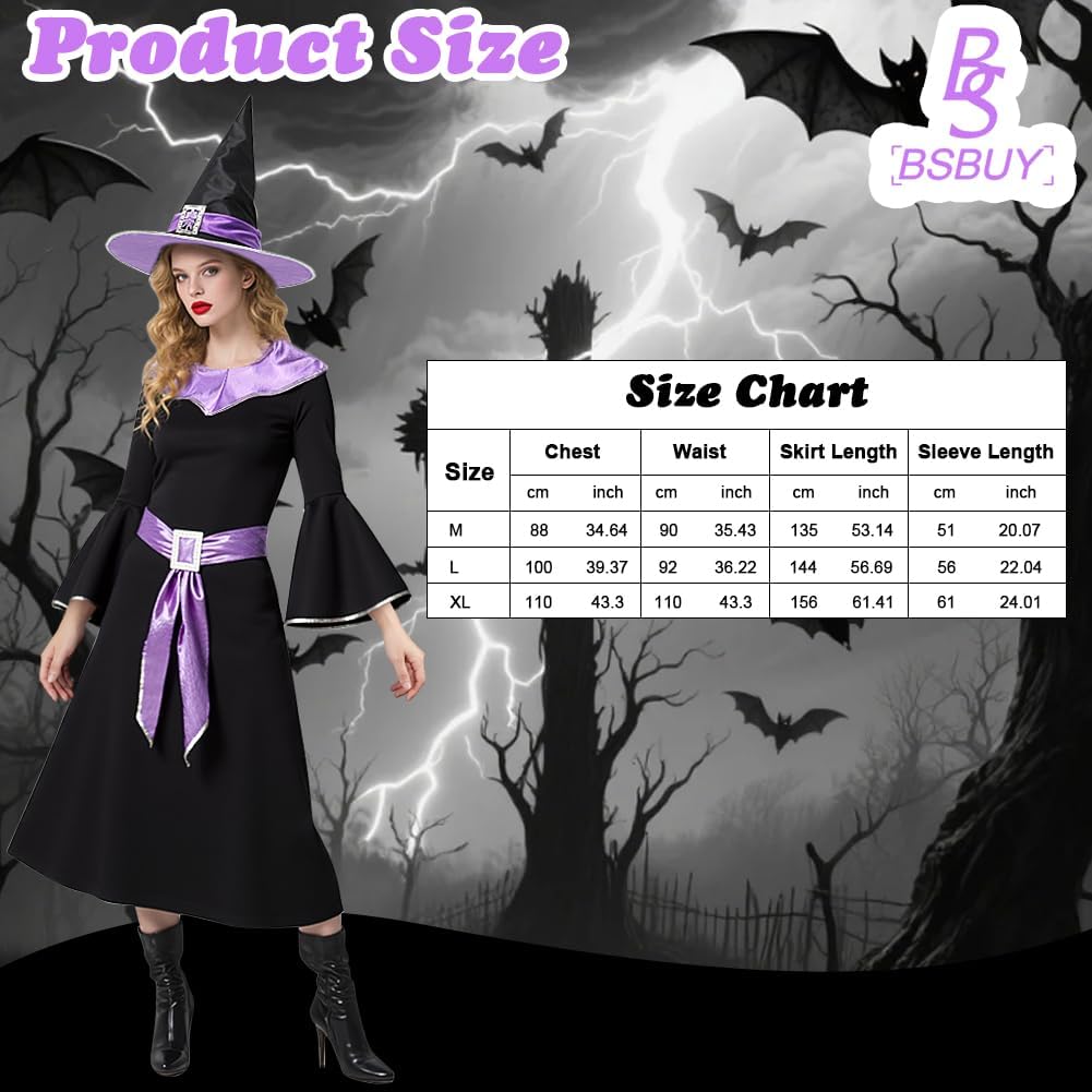 Thumbnail 1 de BSBUY Hexenkostüm Damen 5-teilig (Schwarz/Lila) mit Kleid, Hut, Gürtel, Zauberbesen & Tattoo-Aufklebern