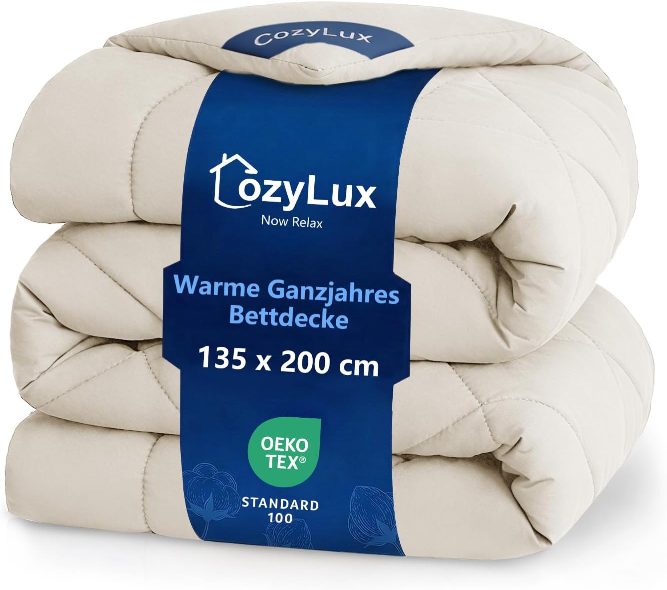 Detalle de CozyLux Bettdecke 135x200 für 4 Jahreszeiten – Mikrofaserfüllung 300 g/m², OEKO-TEX 100, 4 Eckschlaufen, Beige