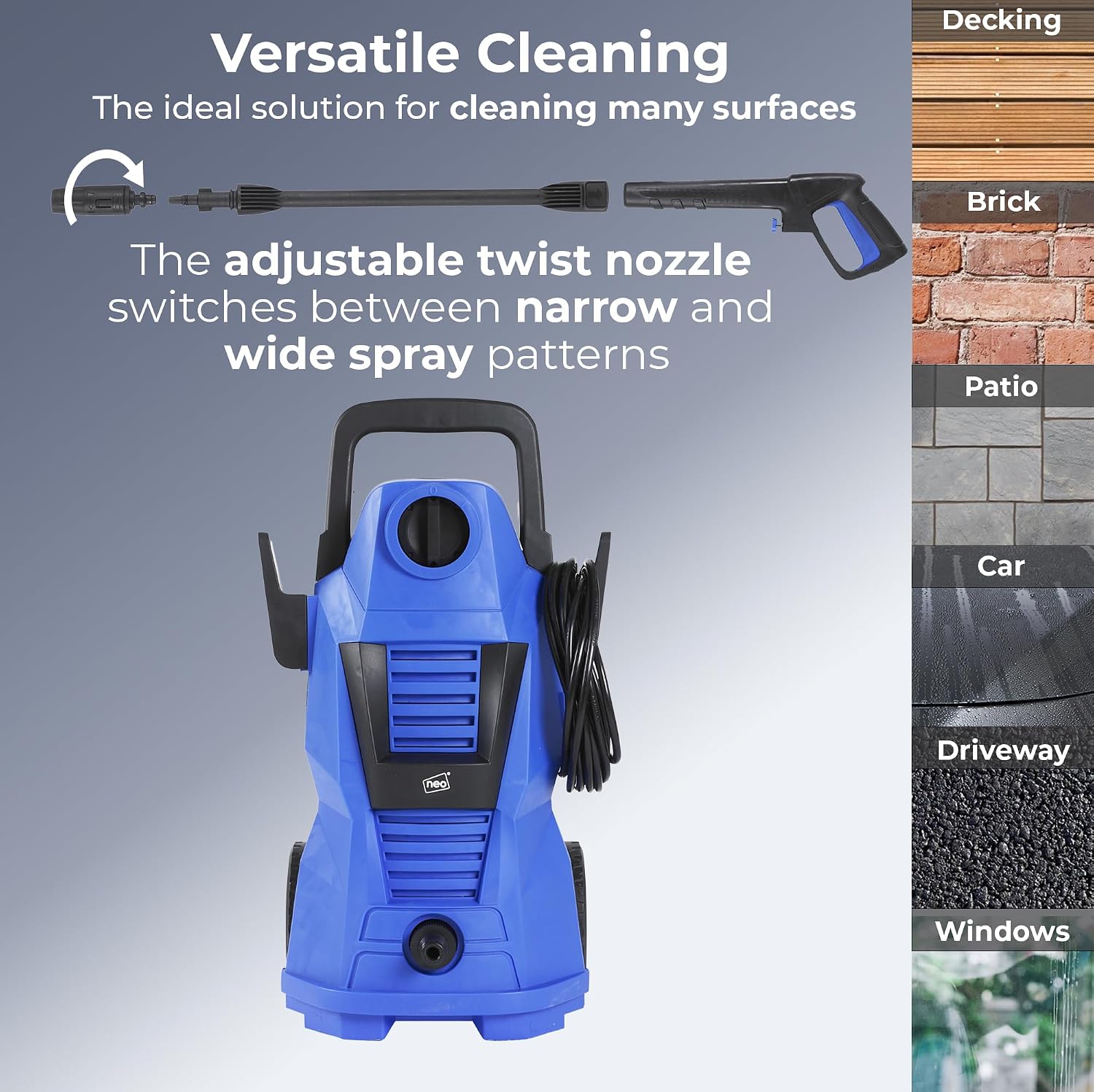 Detalle de Neo® Electric High Pressure Washer 110 Bar: Versatile Cleaning Power for Home, Car and More