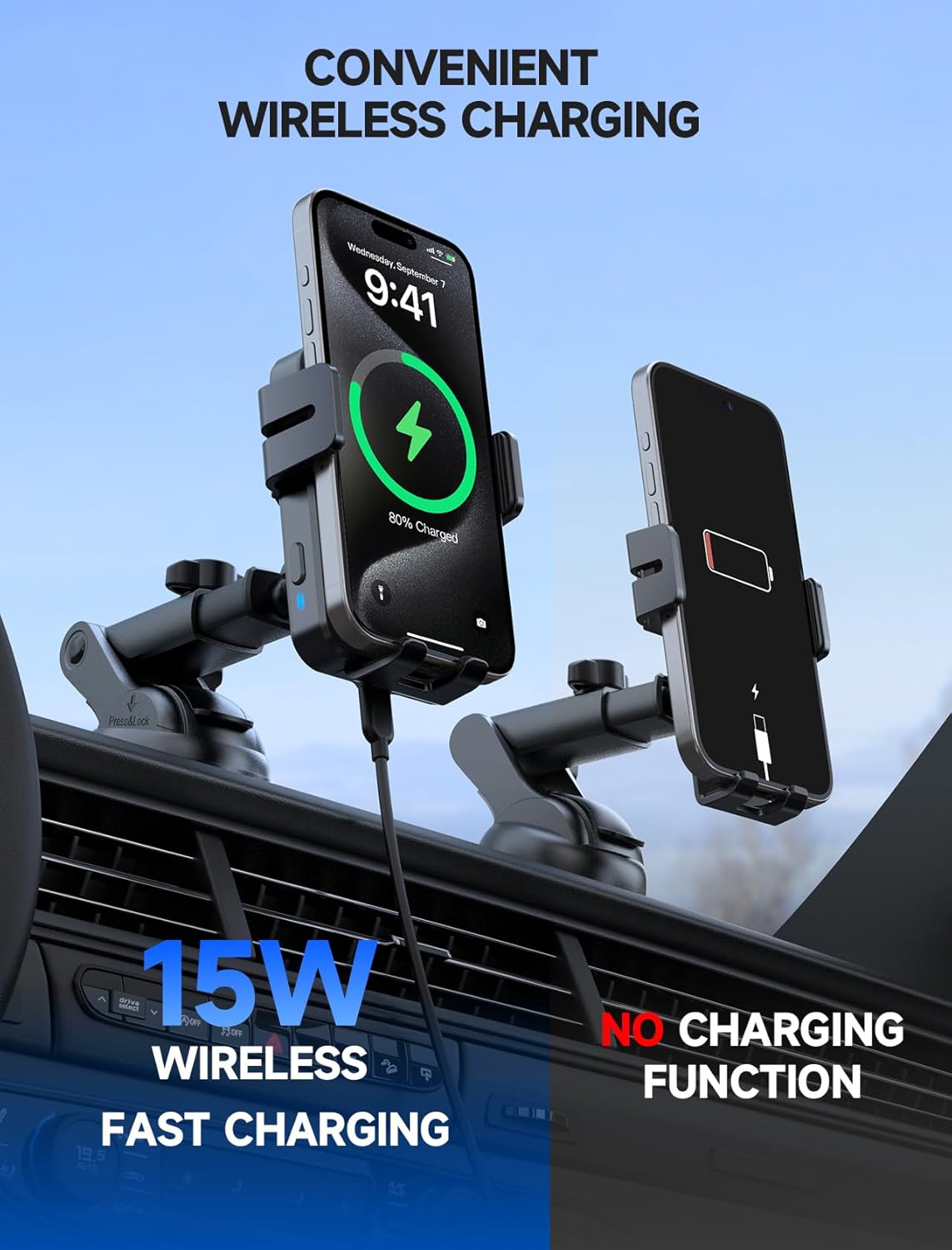 Thumbnail 6 de MOKPR Car Phone Holder Wireless Charger (15W) with Auto-Clamping and Vent/Dash/Windshield Mount, Deep Grey