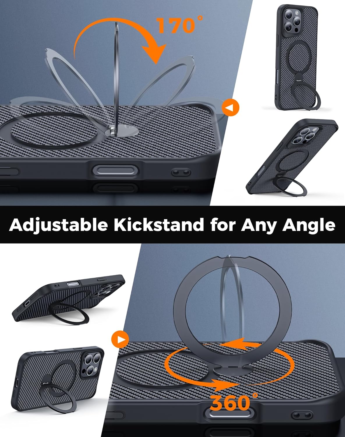Detalle de Enlafavo 360° Magnetic Stand Case for iPhone 16 Pro Max — Carbon Fiber, 15ft Military Protection