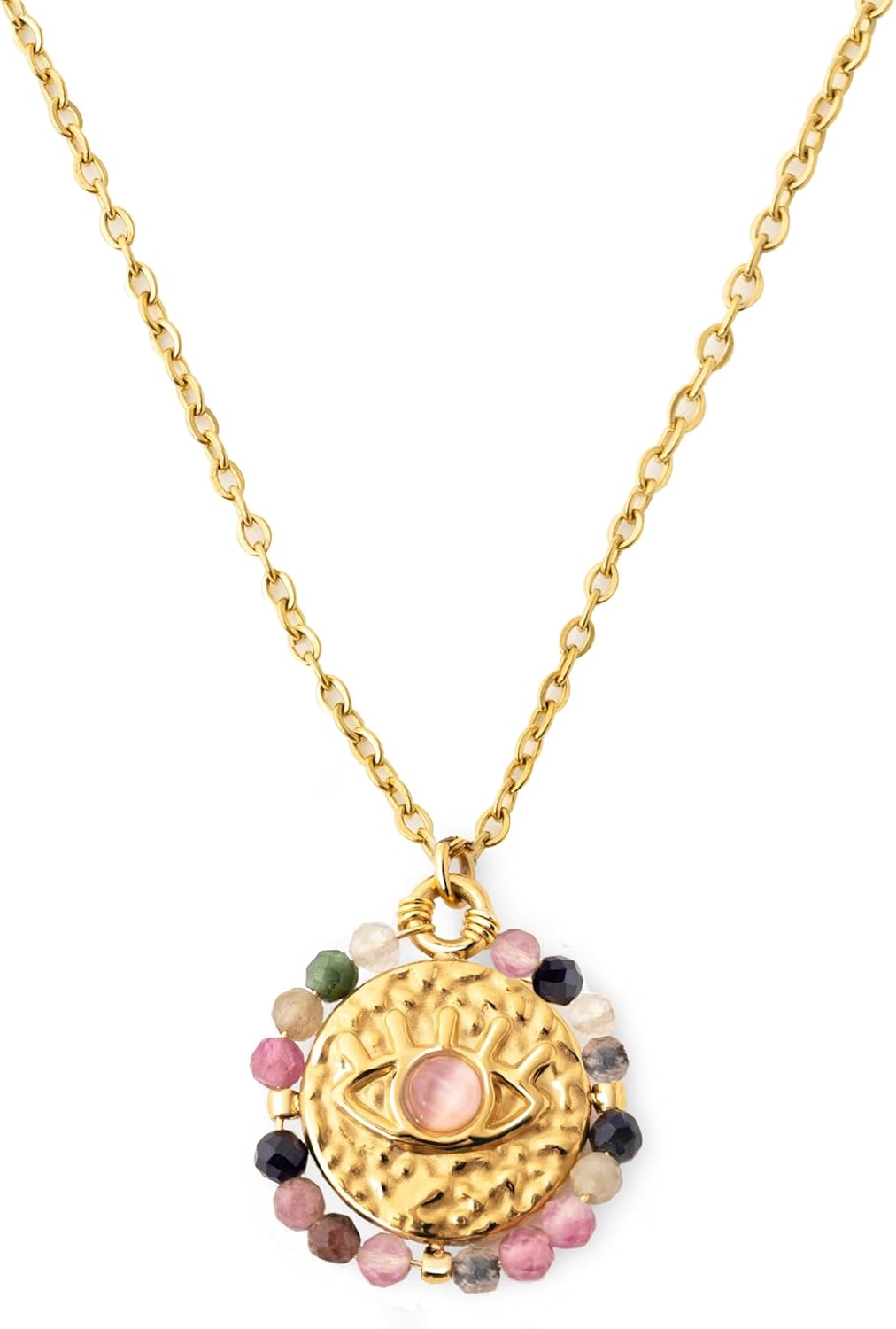 Imagen de SINGULARU - Collar Medallion Stones Eye. Acero con Acabado en Baño de Oro de 18Kt. Cadena con Medallón Largo Ajustable. Joyas para Mujer en OfertitasTOP
