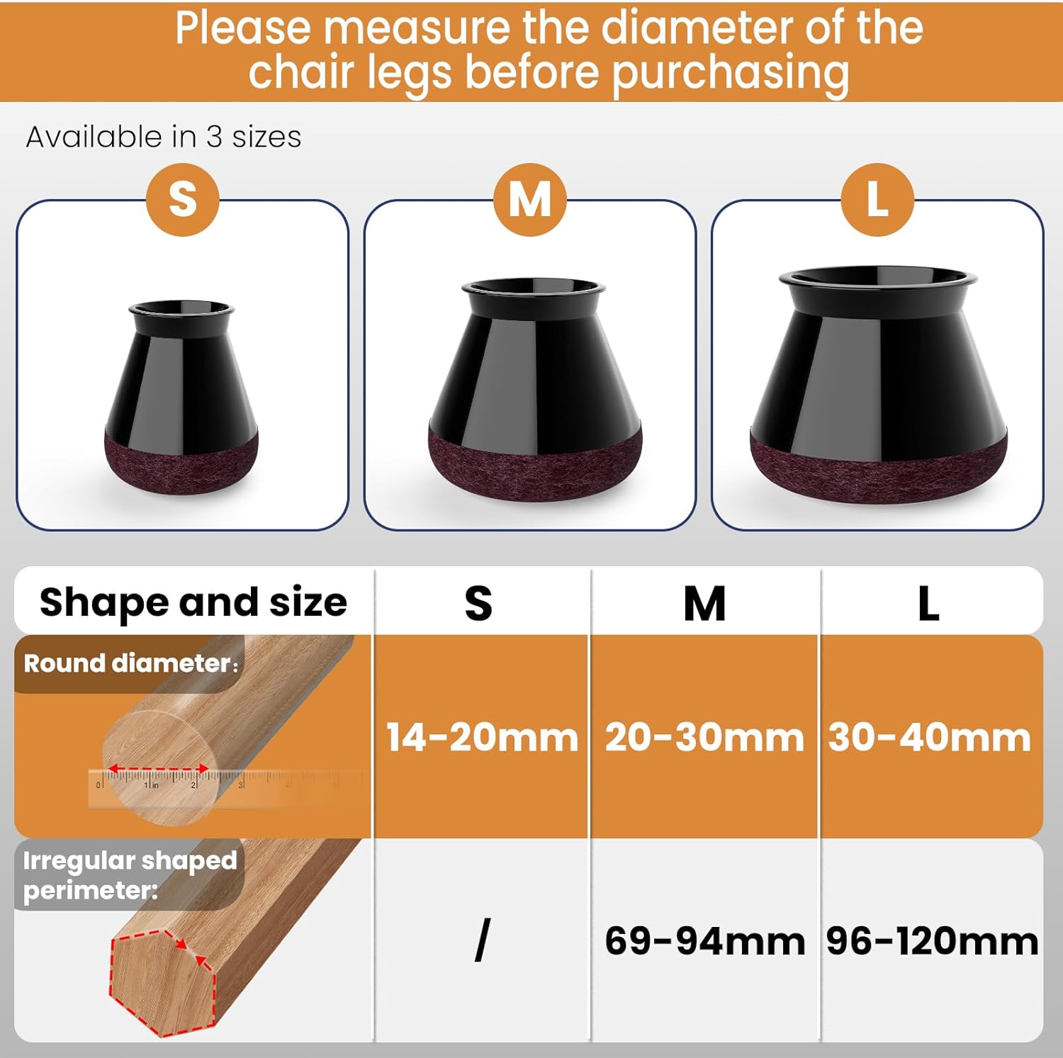 Detalle de RUSIDO – 24 embouts de pied de chaise en silicone et feutre noir, pour pieds ronds 14–20 mm
