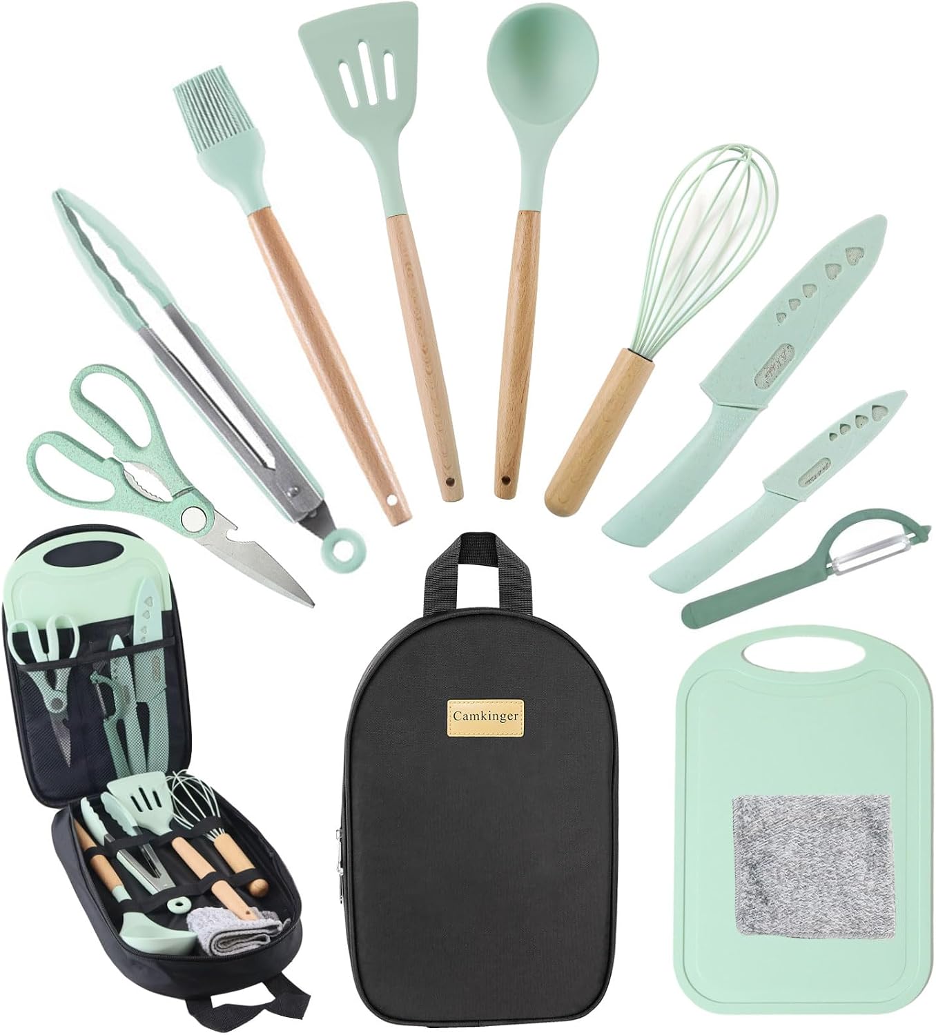 Detalle de Camkinger 12-Piece Camping Cooking Utensil Set, Green Silicone Tools