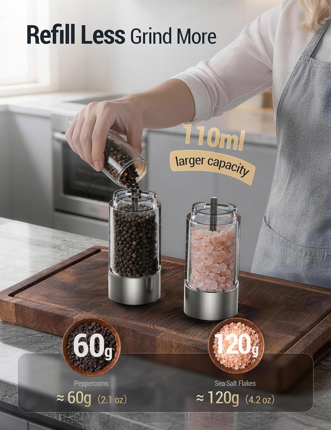 Detalle de ThermoMaven Electric Salt & Pepper Grinder Set (110ml) – Large Capacity, Rechargeable, LED