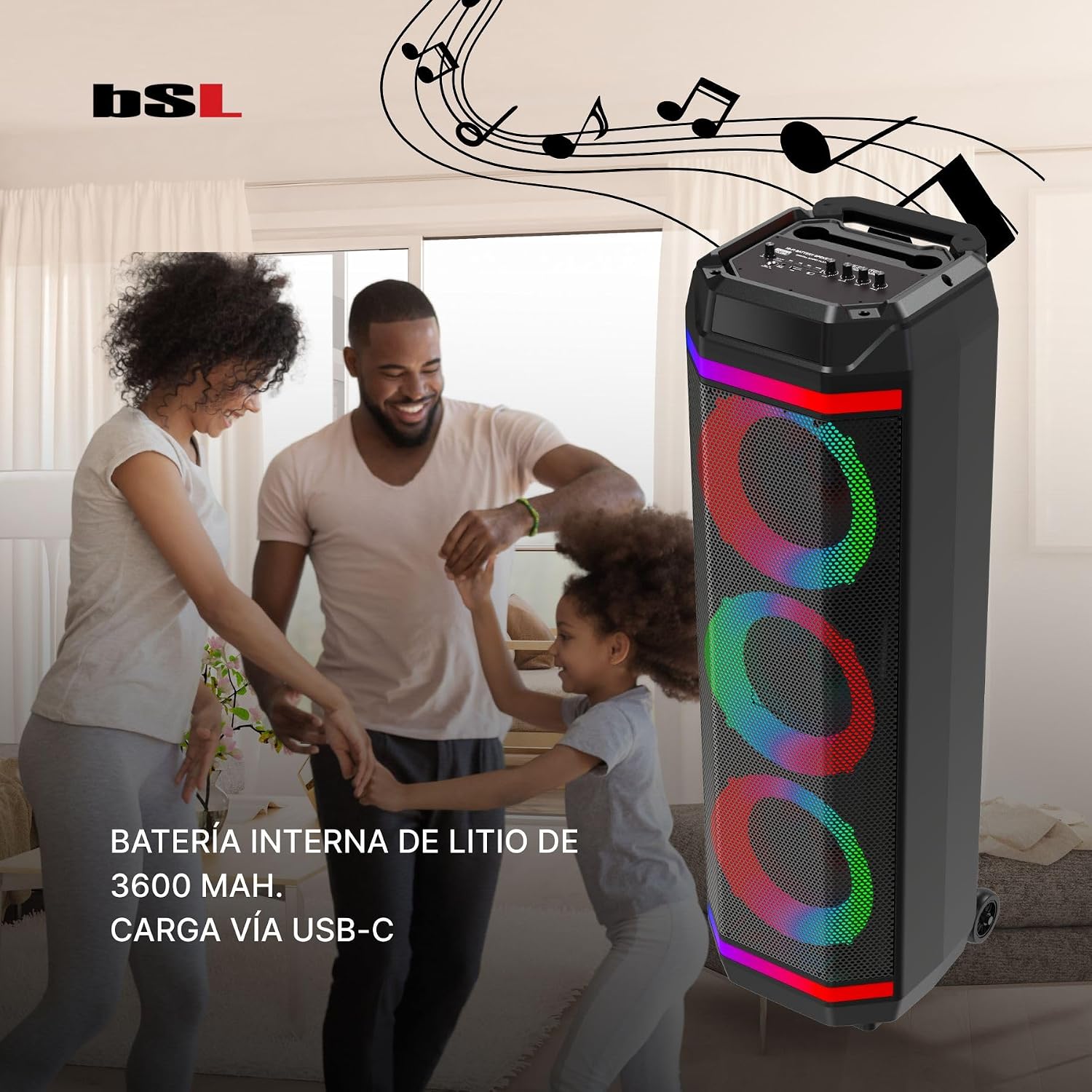 Detalle de BSL BEAUTIFUL SOUND LINE BSL-S61 altoparlante Bluetooth con illuminazione, 3 altoparlanti da 8" e microfono incluso
