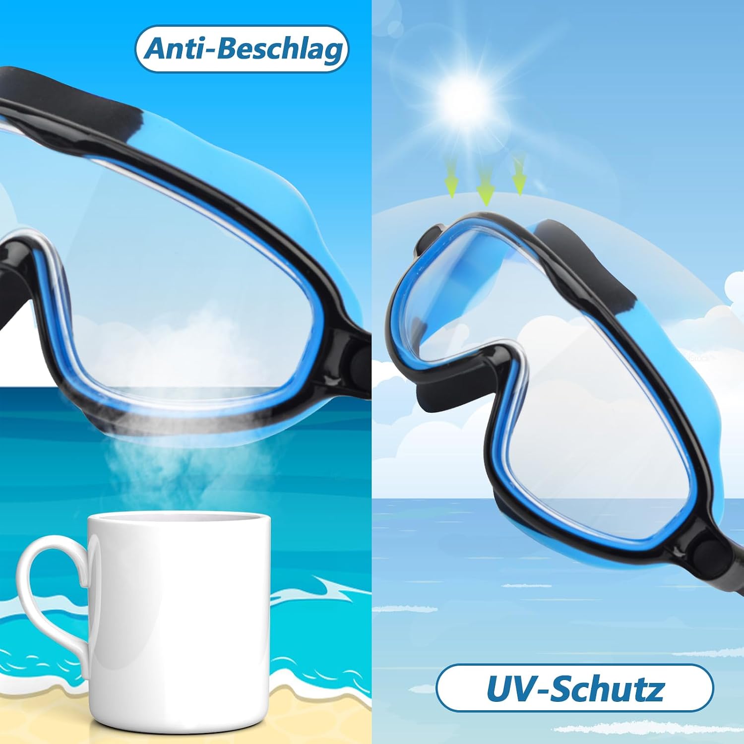 Detalle de Moseem Schwimmbrille Kinder – 2er-Set, UV-Schutz, Anti-Nebel, verstellbare Silikon-Schwimmbrille für Kinder (3–15 Jahre)