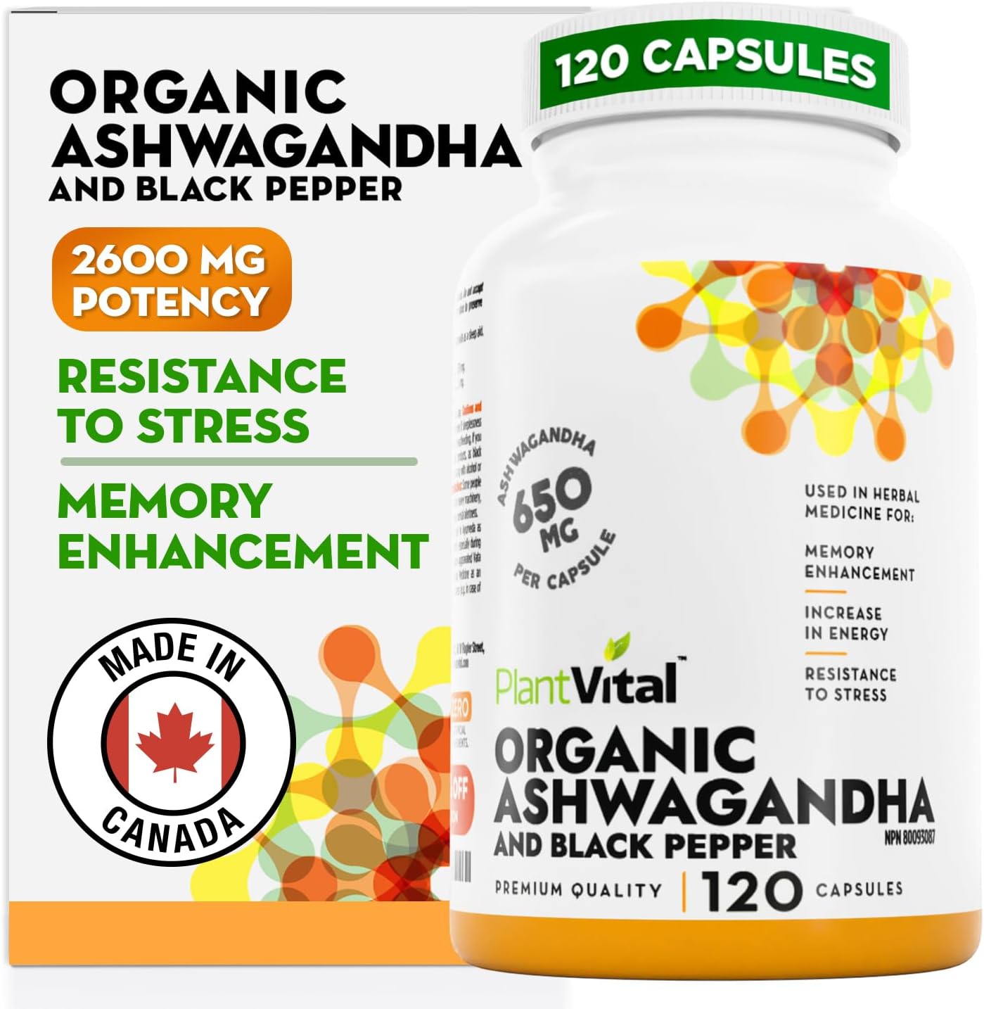 Detalle de PlantVital Organic Ashwagandha Capsules, 2,600 mg with Black Pepper, 120 Count