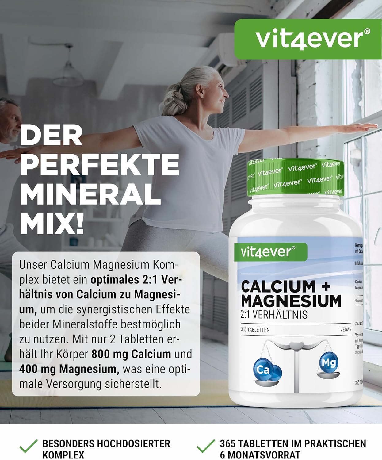 Detalle 2 de Calcium 800 mg + Magnesium 400 mg (2 Tabletten) - 365 Tabletten - 6 Monatsvorrat - Kalzium + Magnesium-Komplex im 2:1 Verhältnis - Vegan - Hochdosiert
Calcium 800 mg + Magnesium 400 mg (2 Ta…