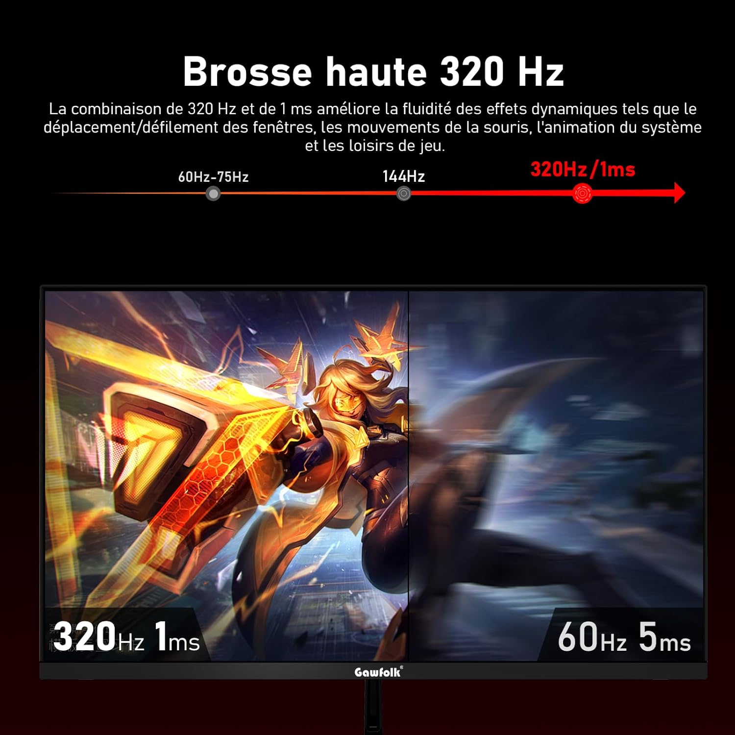 Detalle 2 de Gawfolk Écran PC IPS 27 pouces 2K WQHD 320 Hz — Moniteur gaming VESA 75x75 noir