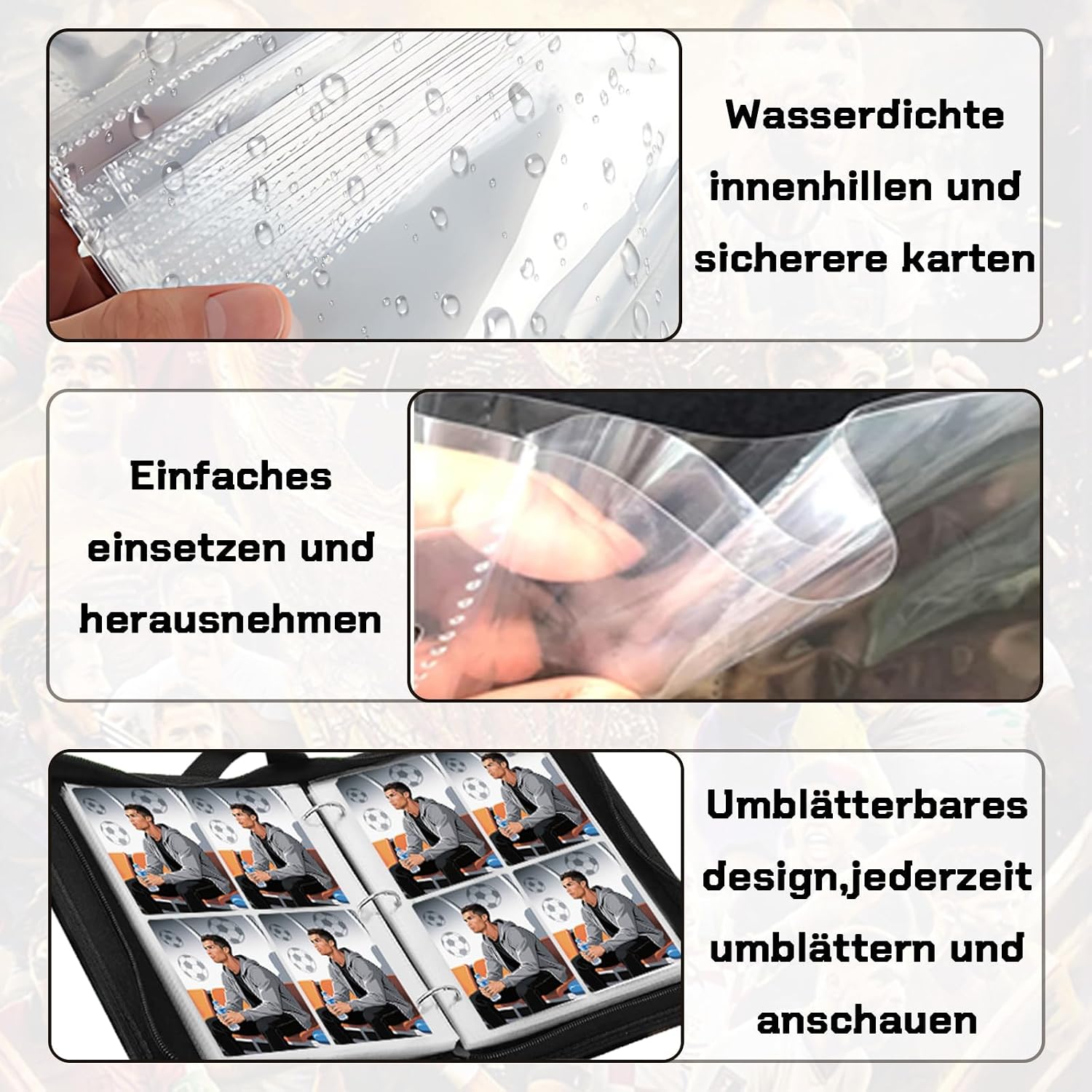 Detalle 2 de Sammelalbum für Fußballkarten mit 440 Sammelkarten & 55 Seiten (4 Taschen) – wasserdichtes PU-Leder, mit Reißverschluss