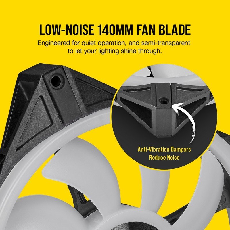 Detalle de Corsair iCUE QL140 RGB PWM Dual Fan con Lighting Node Core (negro) — ventiladores RGB de 140 mm