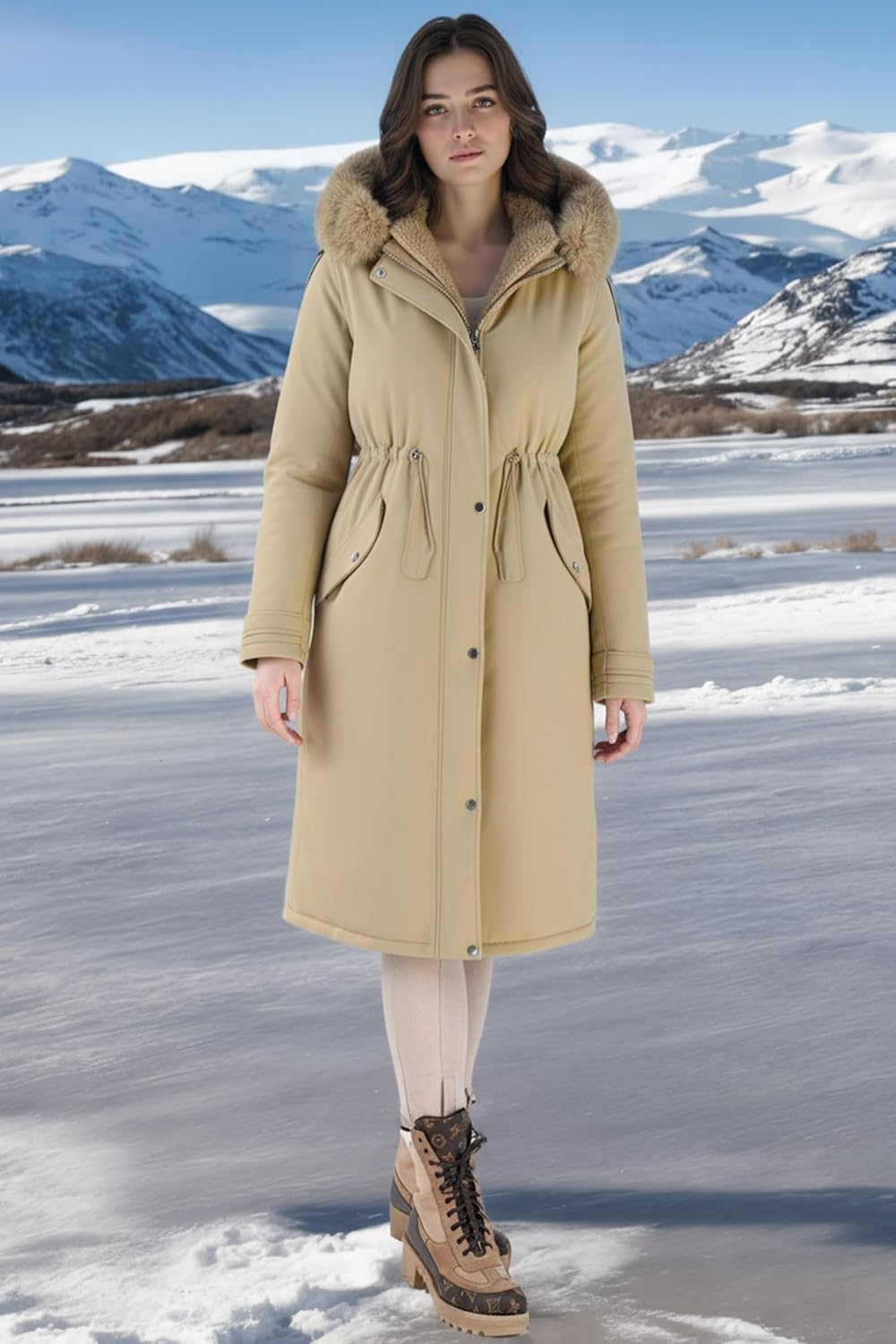 Detalle de RISISSIDA R7614 Women’s Long Quilted Puffer Coat with Removable Fur Trim