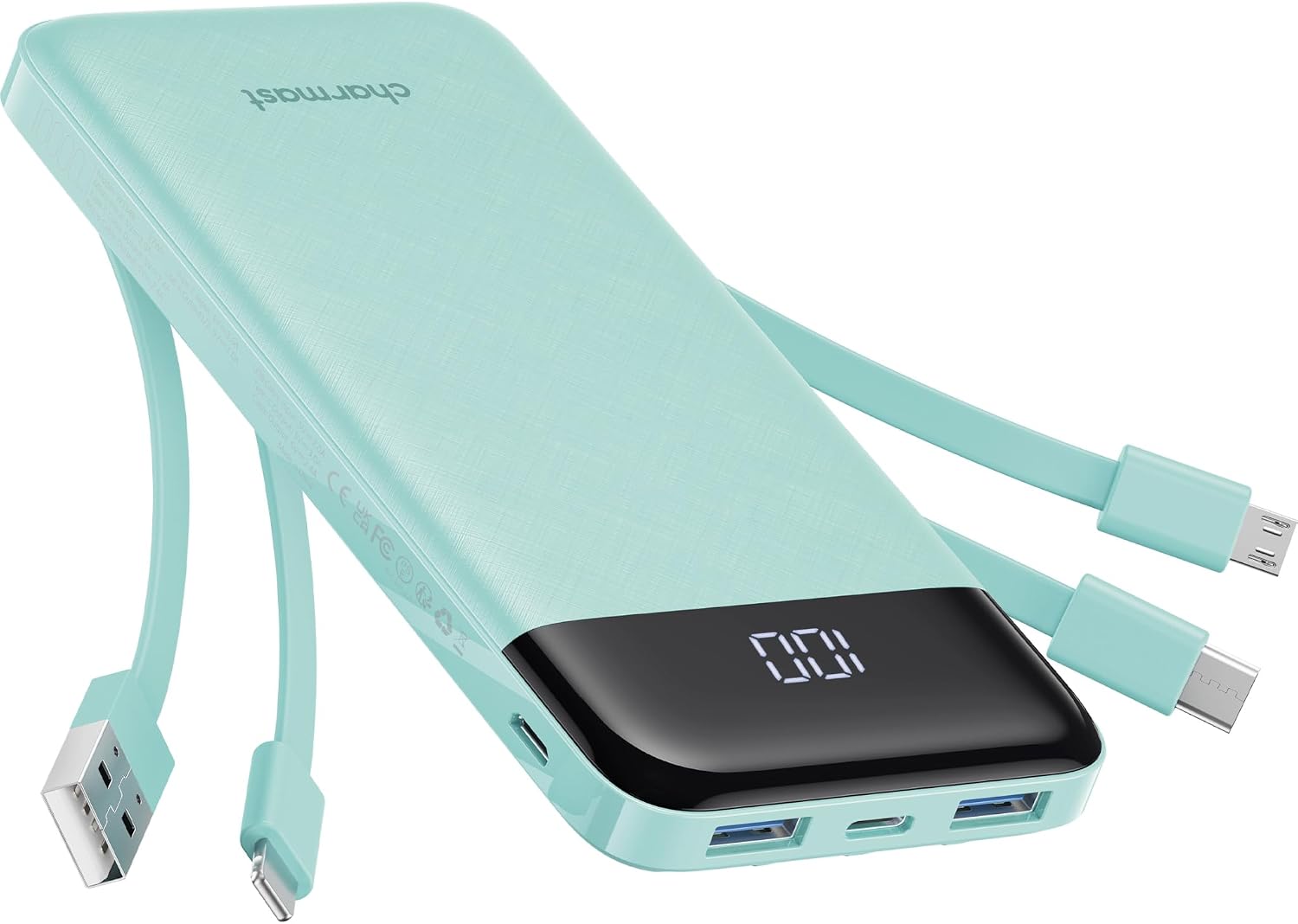 Detalle de charmast Power Bank with Built-in Cables (x4) 10,000mAh – USB-C portable charger with 6 outputs
