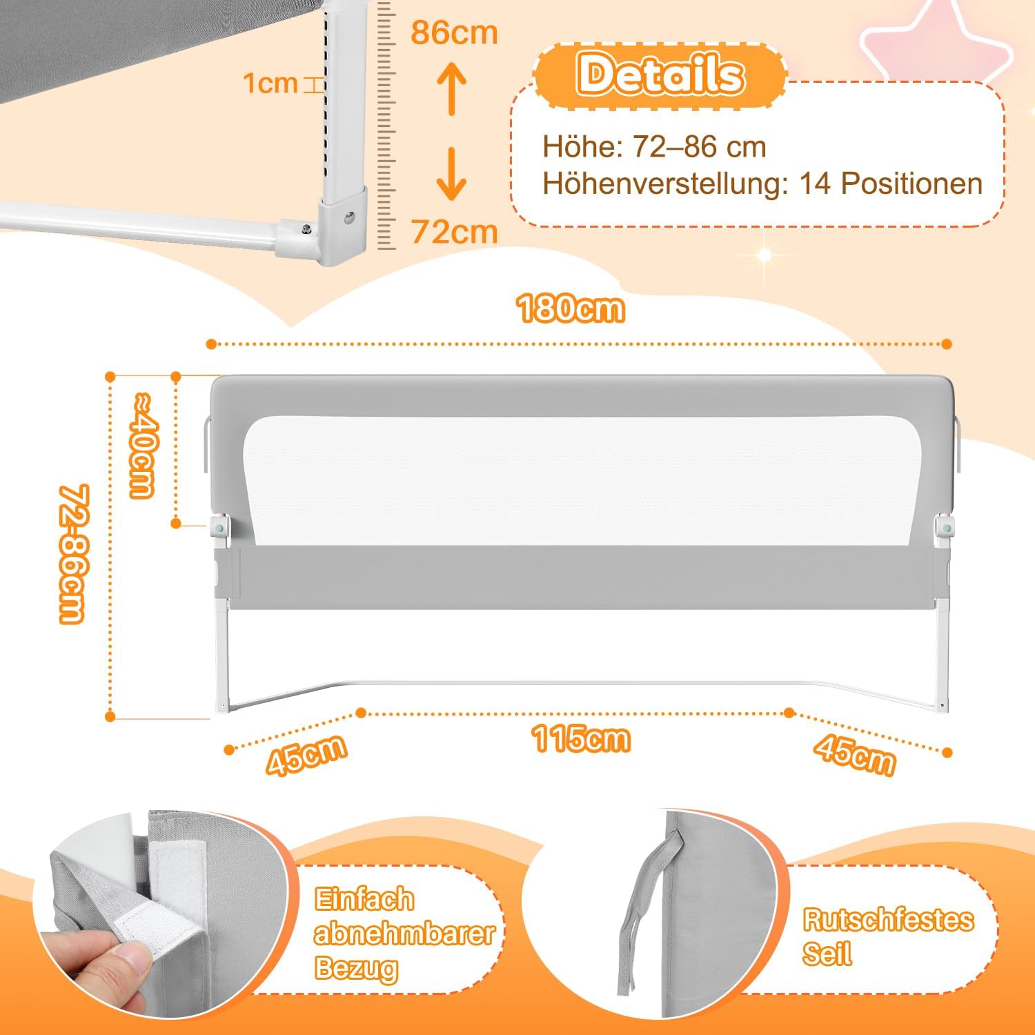Thumbnail 5 de Ikodm Rausfallschutz Bett für Boxspringbett 180 cm – höhenverstellbar 72–86 cm, 180° klappbar, luftiges Netz, einfache Montage, Grau