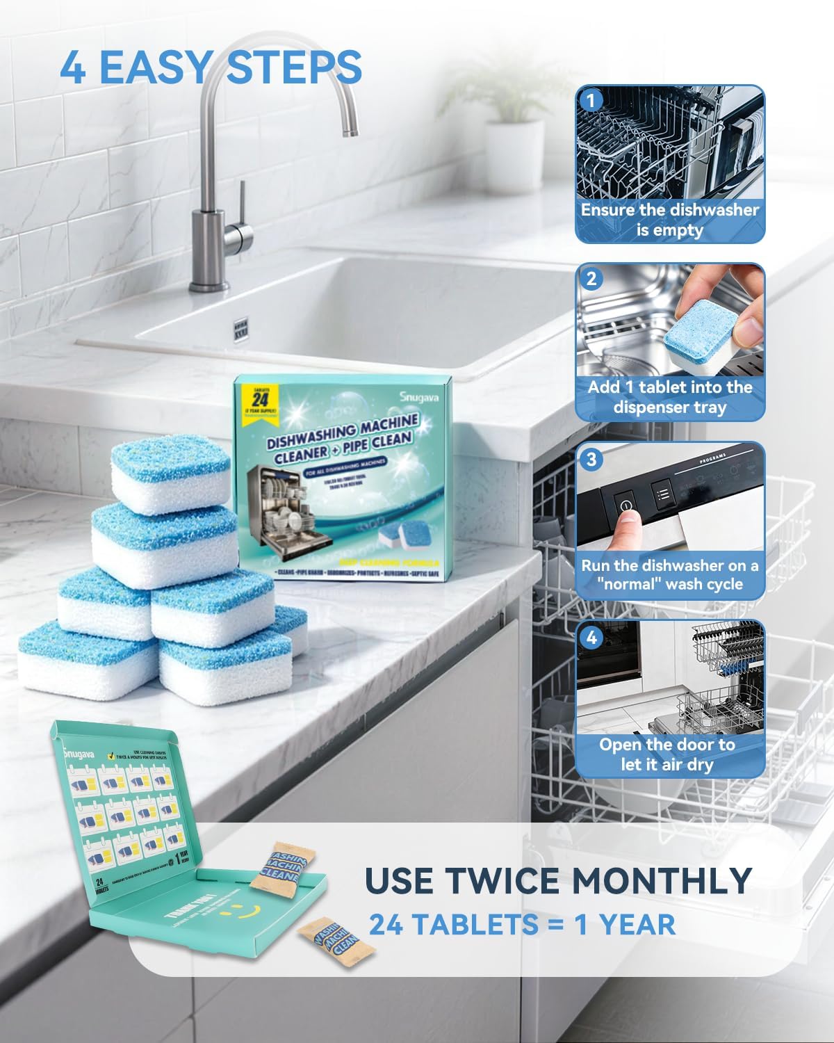 Detalle 2 de SNUGAVA 48-Count Washer & Dishwasher Cleaning Tablets, Descaling and Deodorizing