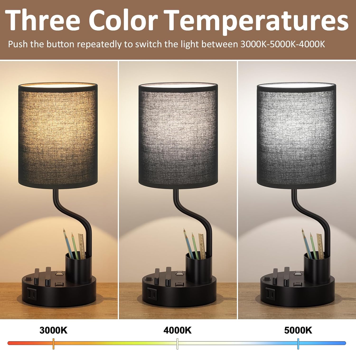 Detalle de Fenmzee Lamps 23 Bedside Table Lamps, Set of 2, with USB-A/C and 3 Color Temperatures
