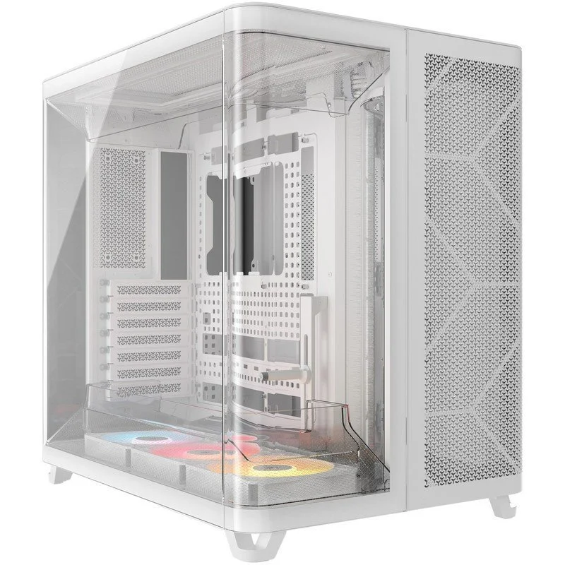 Detalle de Corsair AIR 5400 RS-R ARGB con triple cámara y cristal curvo blanco