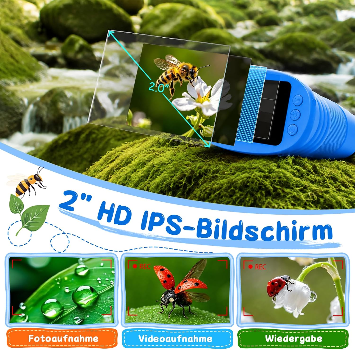 Detalle de ASPOVEN Digitales Mikroskop für Kinder 1000X – 2 Zoll HD Display, 8 LED Beleuchtung, Foto & Video