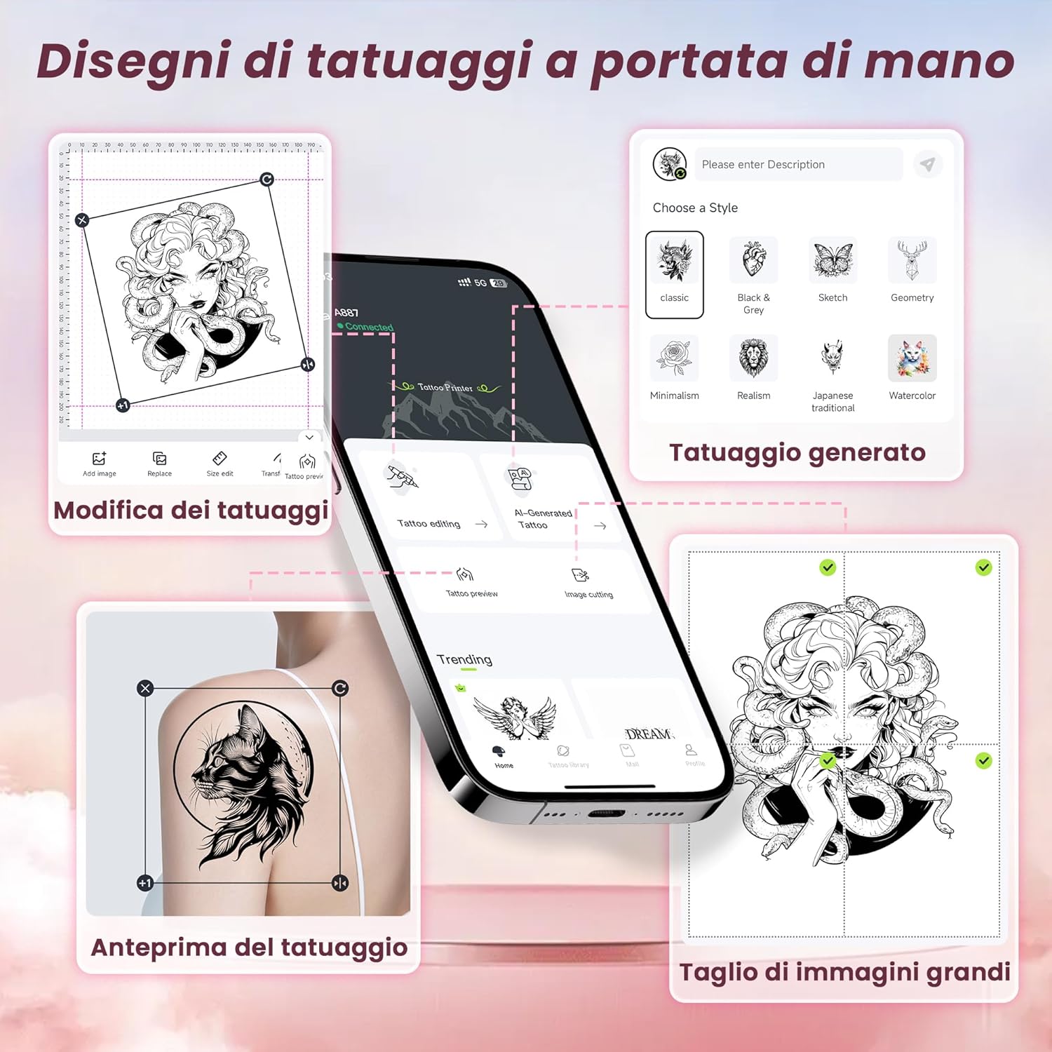 Thumbnail 3 de Rosa Stampante Stencil Tattoo TATTMUSE: stampante termica Bluetooth con 10 fogli transfer per tatuaggi