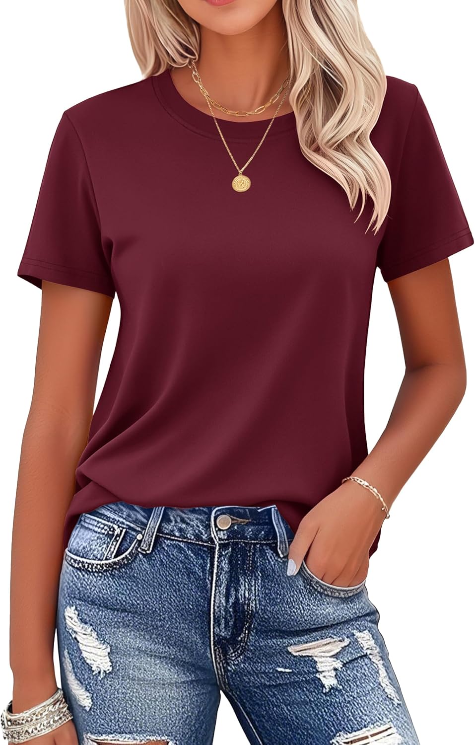Detalle de MAGCOMSEN Women's Cotton Short Sleeve Crew Neck T Shirt