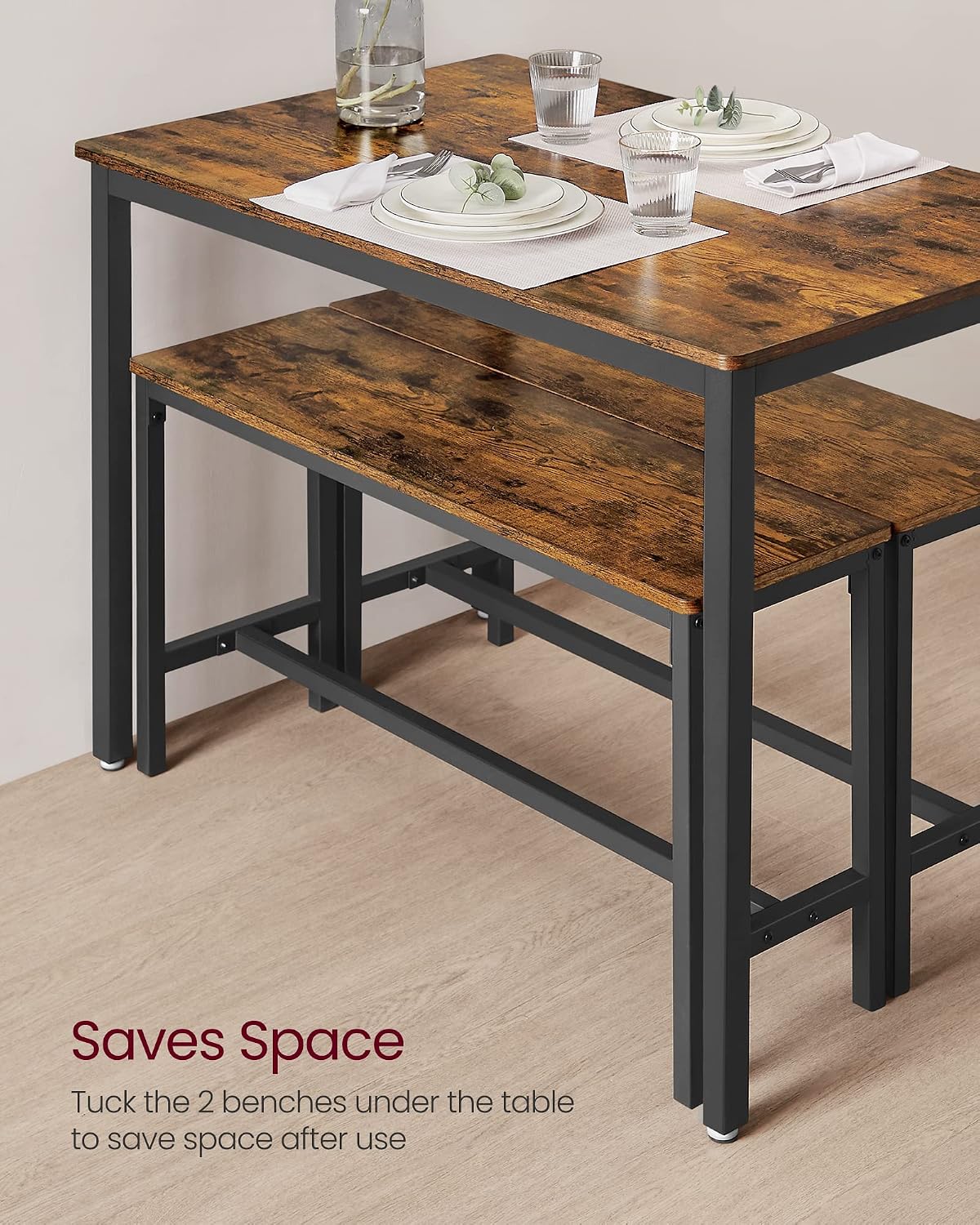 Detalle de VASAGLE BARNET KDT070B01 Dining Table Set, 110 x 70 cm with Two Benches