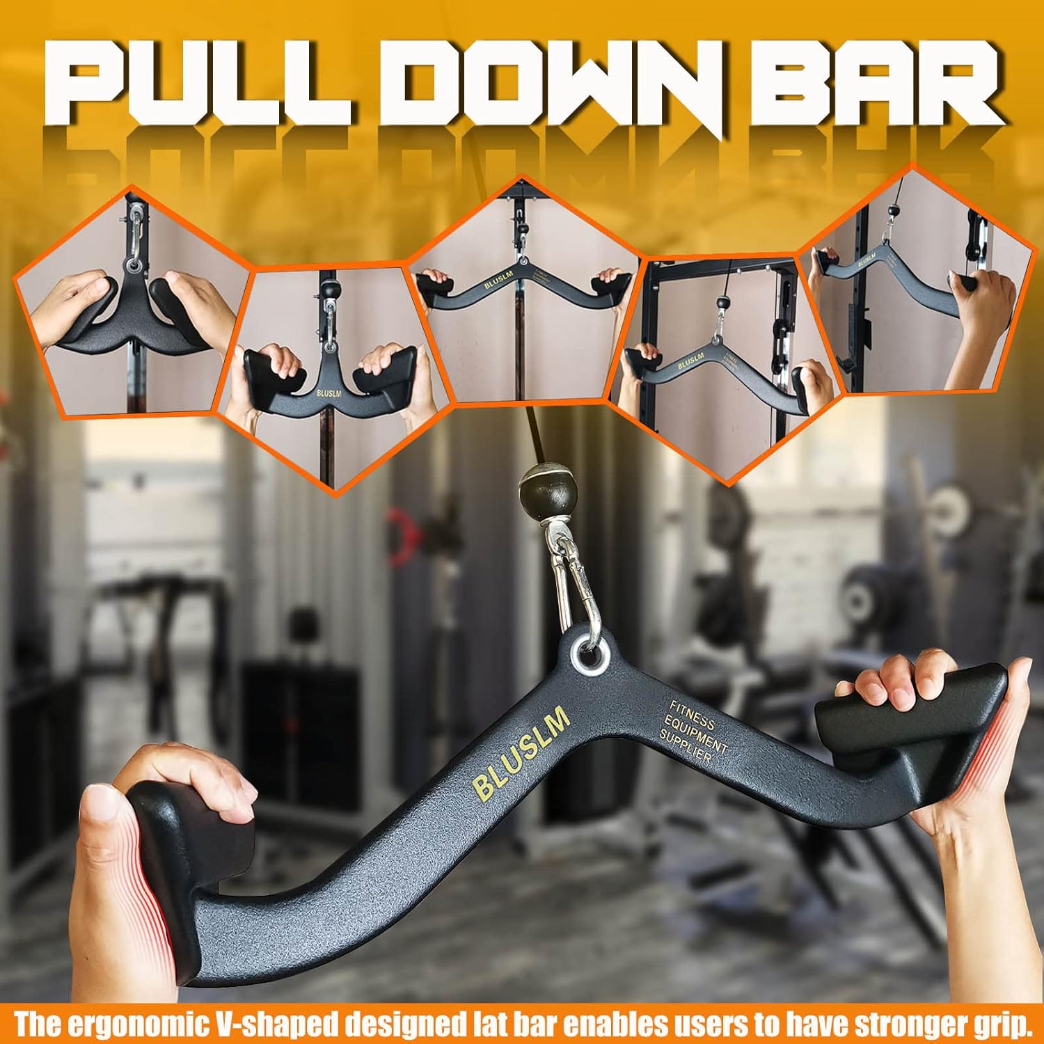 Detalle de BLUSLM LAT Pull Down Bar for Cable Machine — 5-Piece V-Bar/T-Bar Attachment Set