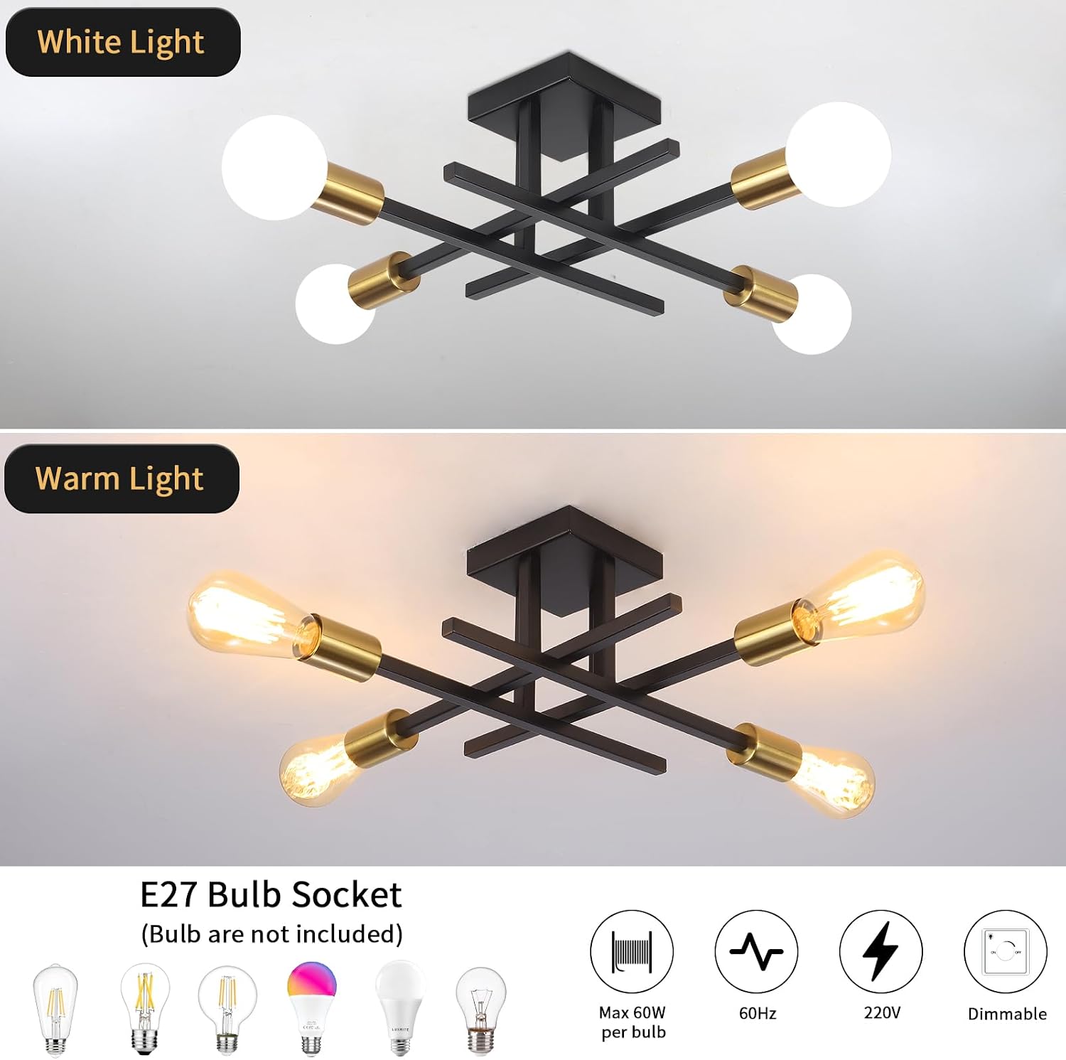 Detalle de QAREHL Black & Gold 4-Light Sputnik Chandelier Ceiling Light