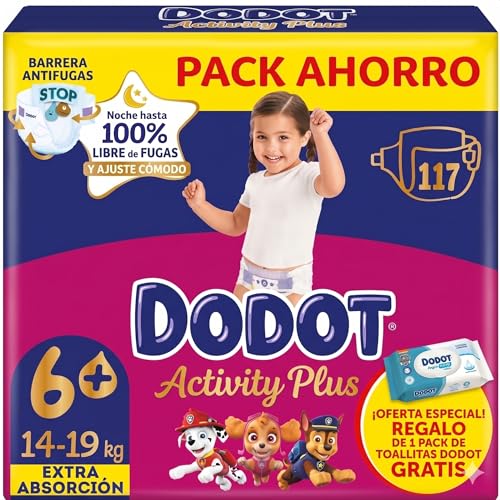 Dodot Activity Plus Pañales Talla 6+ (14–19 kg), Extra Absorción – Pack 117 unidades + Toallitas de regalo