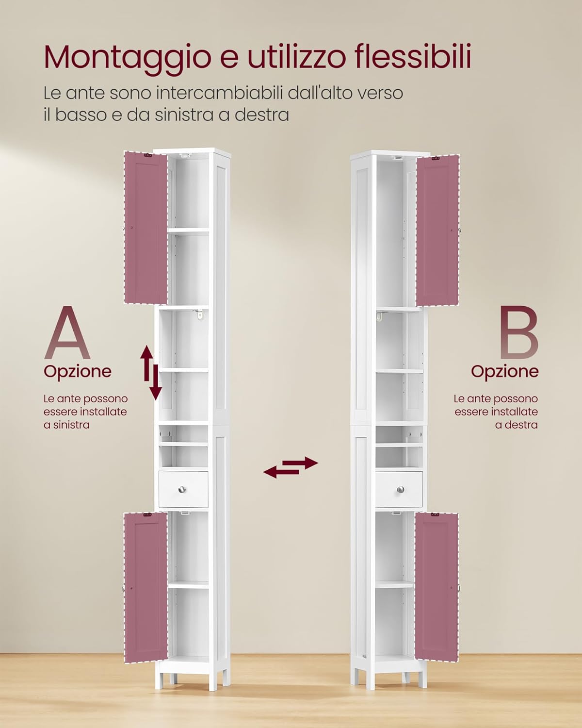 Detalle de VASAGLE Armadio da Bagno Alto BBC765W01, Bianco Nuvola – Compatto, con Ripiani Regolabili e Antiribaltamento