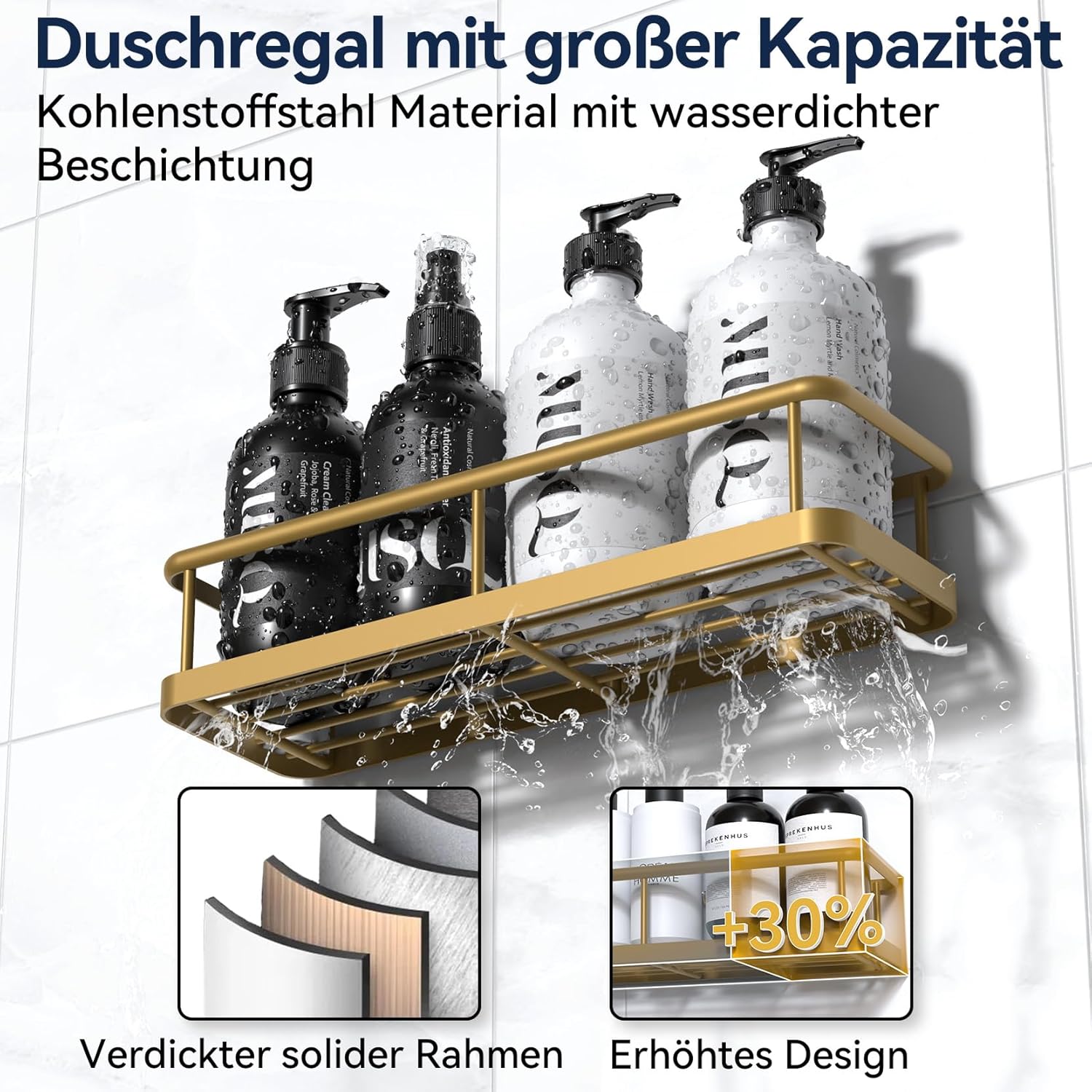 Detalle de YASONIC Duschablage Ohne Bohren – 2 Stück Rostfreies Duschregal mit 2 Haken, Große Kapazität, Large Gold