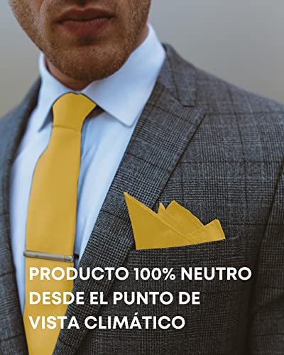 Detalle de Massi Morino Morino – Set 5 en 1: corbata amarilla con pañuelo y accesorios (gemelos, sujetacorbatas) en caja regalo