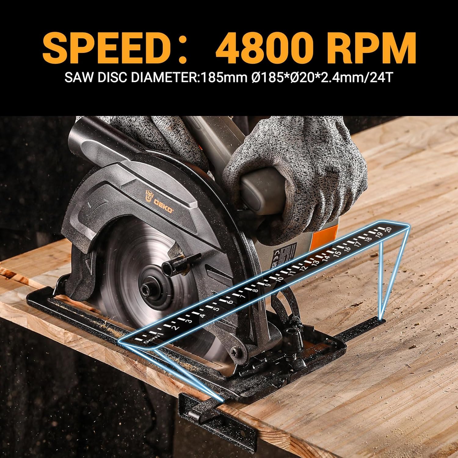 Detalle de Sega circolare per legno DEKOPRO 1200W con guida, lama Ø185 mm e profondità 65 mm