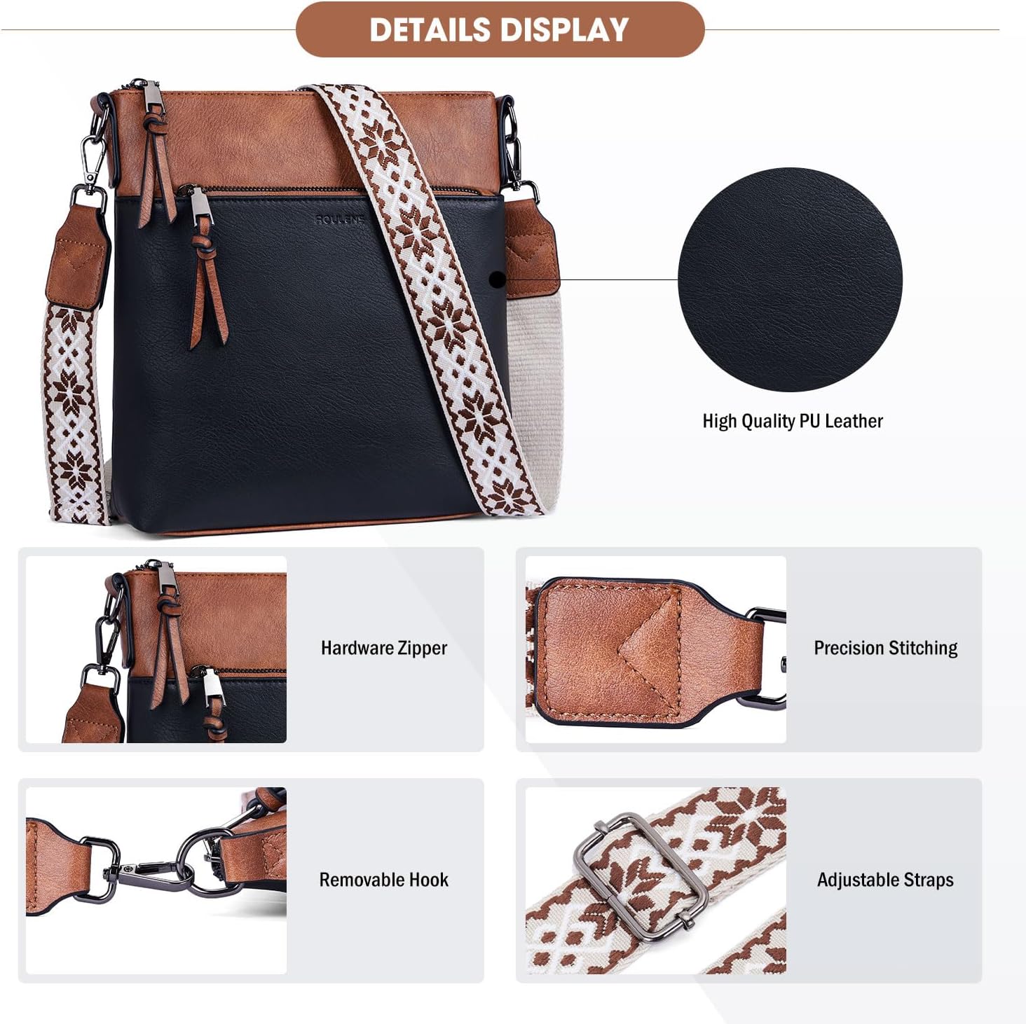 Detalle de Roulens Mittel Damen Umhängetaschen aus veganem Leder – leichte Crossbody Bag mit verstellbarem Gurt
