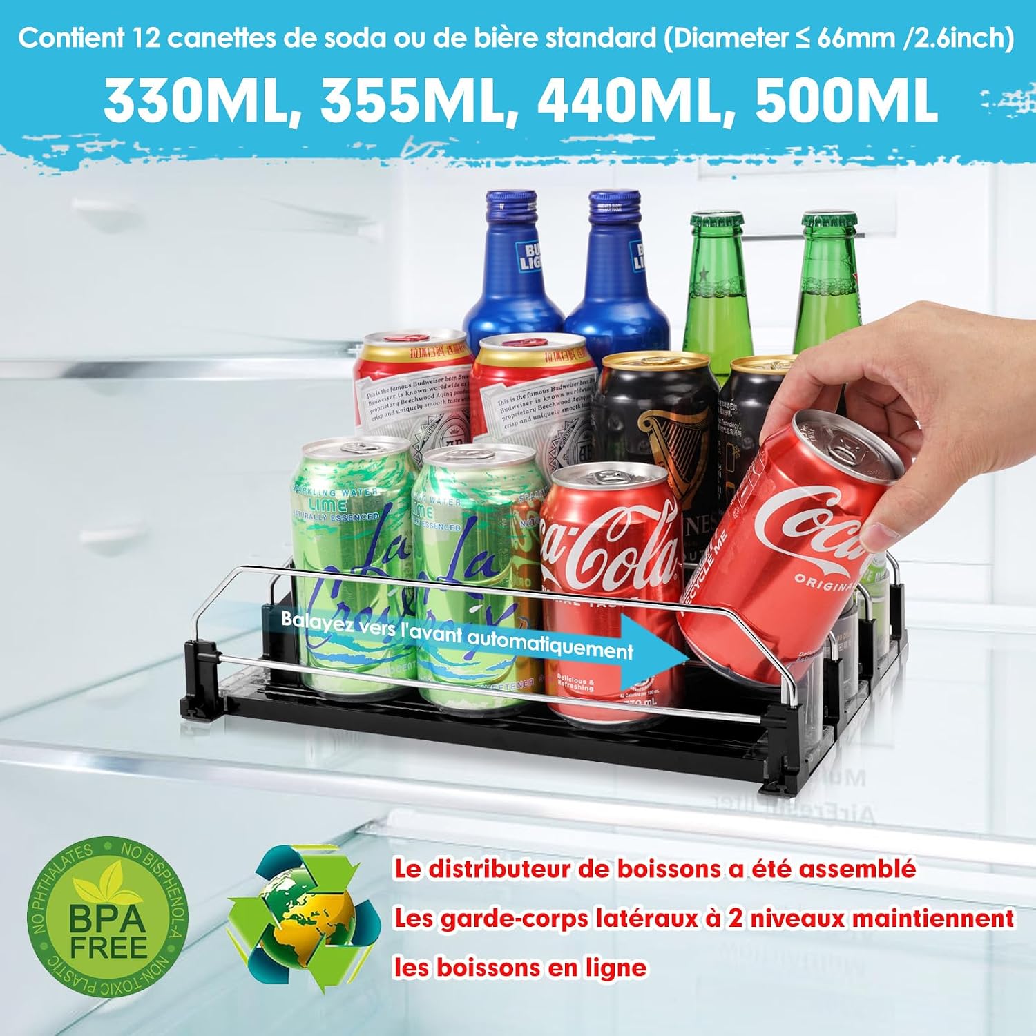 Detalle 2 de BingoHive automatische blikjesdispenser voor koelkast, 12 blikjes, 3 rijen