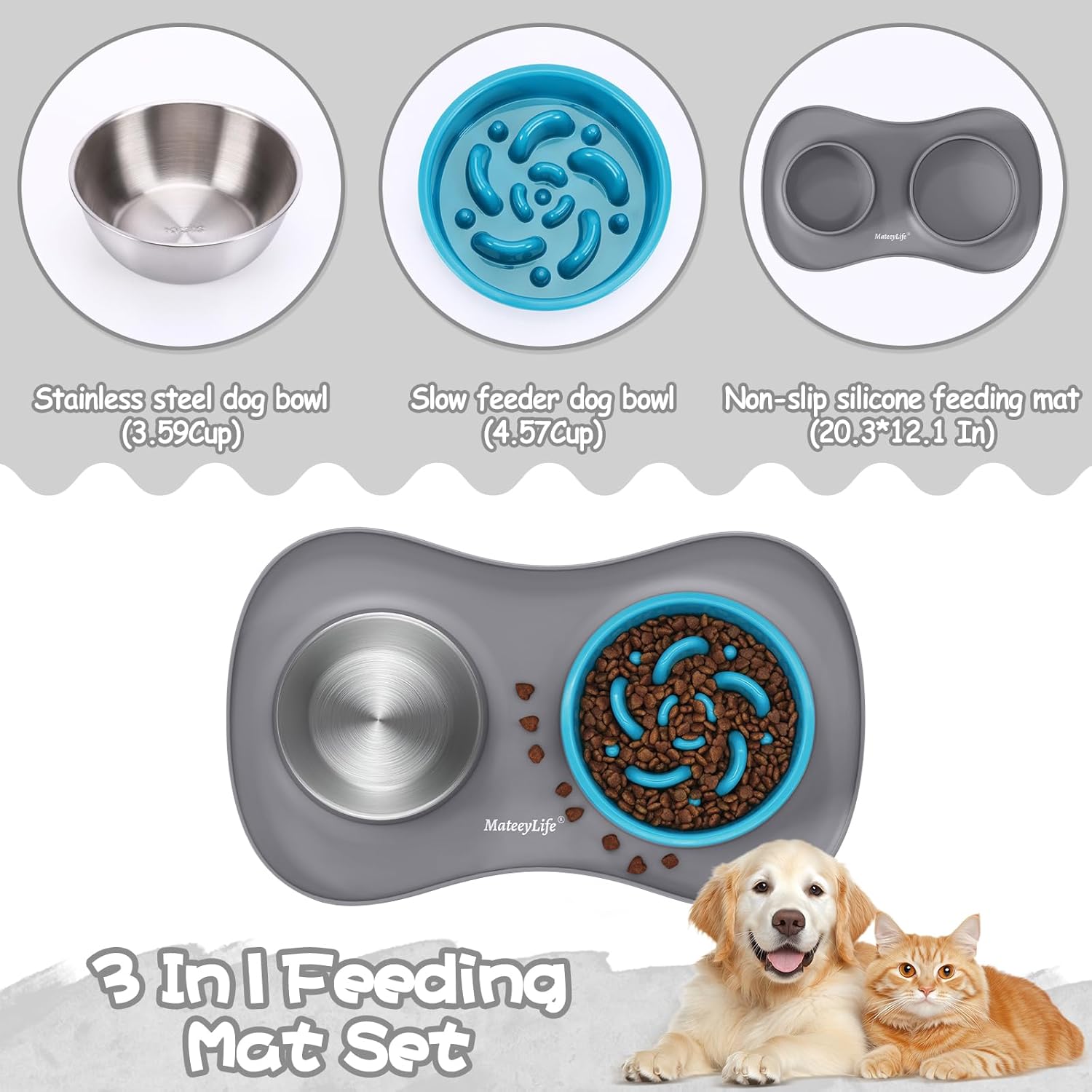 Thumbnail 6 de MateeyLife Dog Bowl Slow Feeder Set 3 in 1 with Stainless Steel Bowls & Non-Spill Silicone Mat