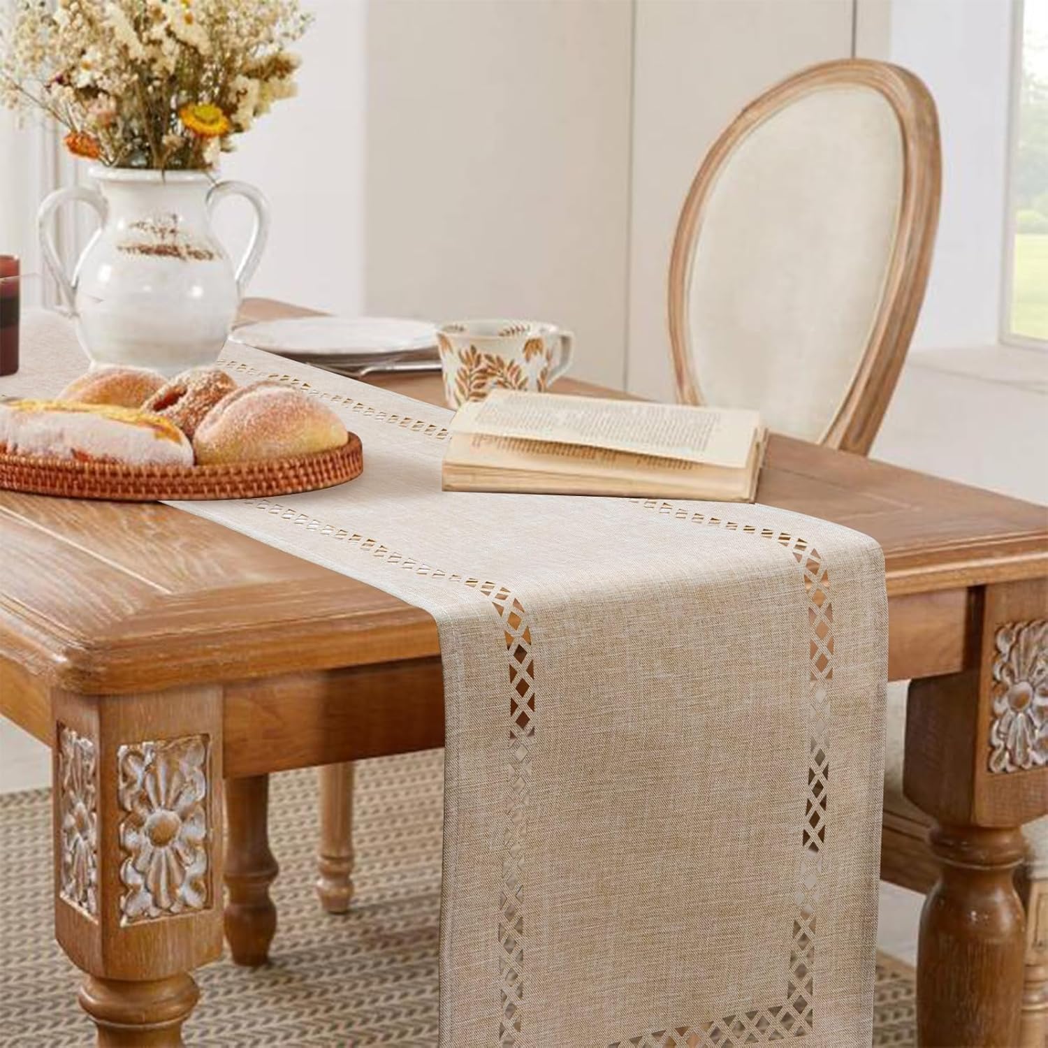 Detalle 2 de BAZIOE Modern Table Runner Beige Linen Blend with Openwork Laser-Cut Pattern